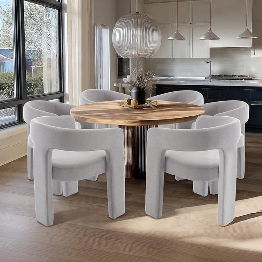 Grey Chenille Dining Chairs Set of 6, Modern Barrel Dining Room Chairs Upholstered Faux Fur Accent Chair with Arms and Round Back for Living Room Kitchen Armchair No Assembly Needed