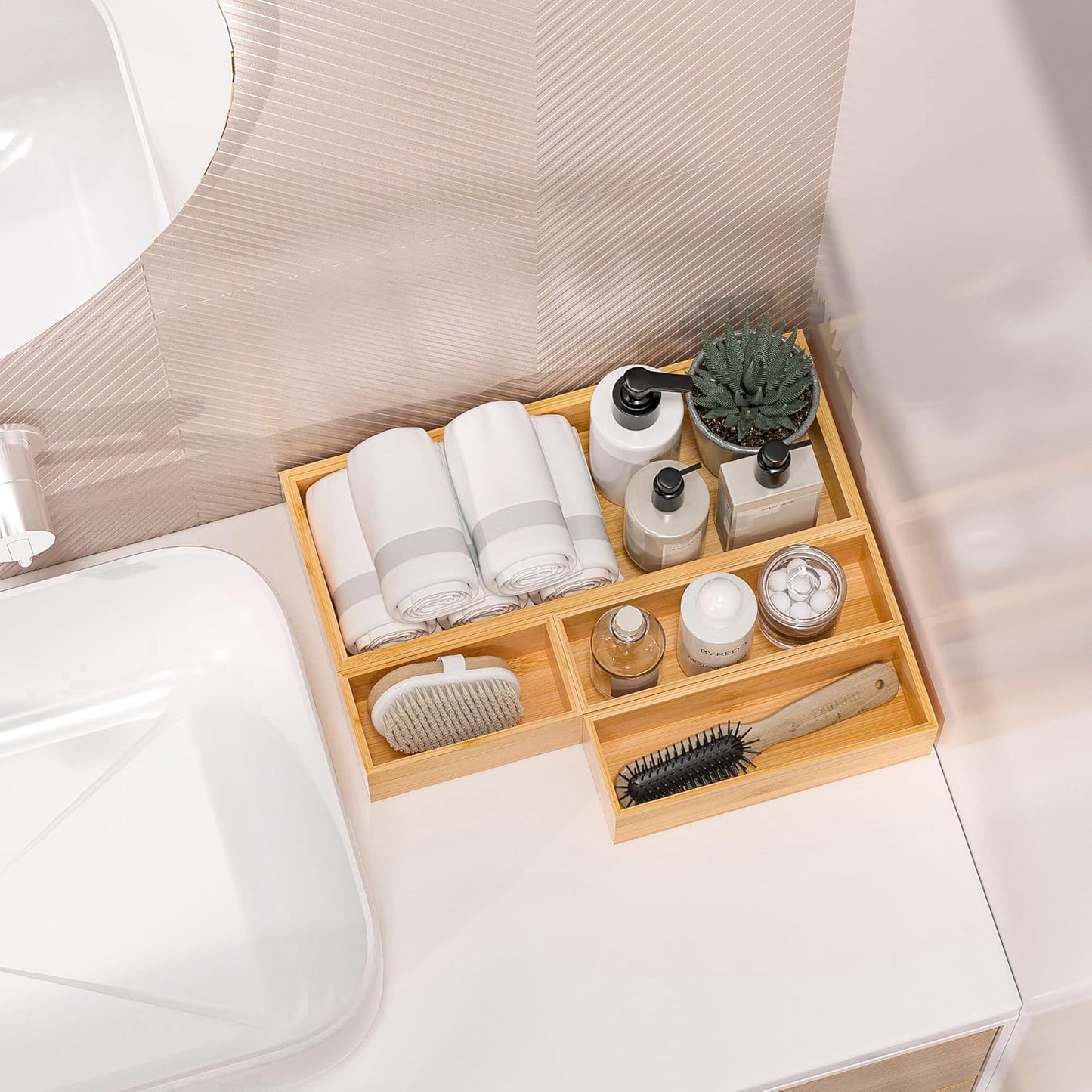 Kitchen Drawer Organizer Bins, Stackable Bamboo Deep Drawer Organizer for Silverware, Utensils, Cutlery, Flatware, Junk Drawer, Dresser, Bathroom, 9" x 3" x 2.5" (Set of 2)