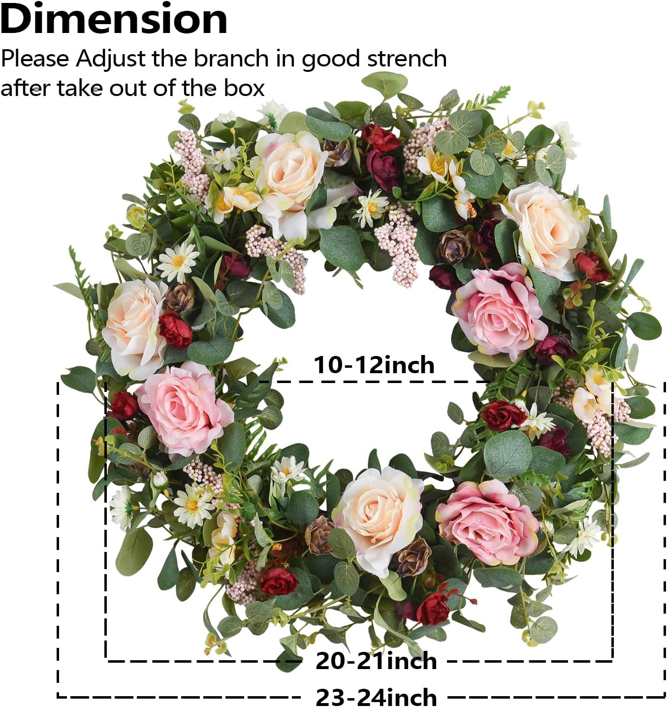 WANNA-CUL 24 Inch Large Spring Rose Wreaths for Front Door,Spring Front Door Wreath with Pink and Wine Red Floral Door Wreath with Eucalyptus Leaves for Wedding or Indoor&Outdoor Decorations