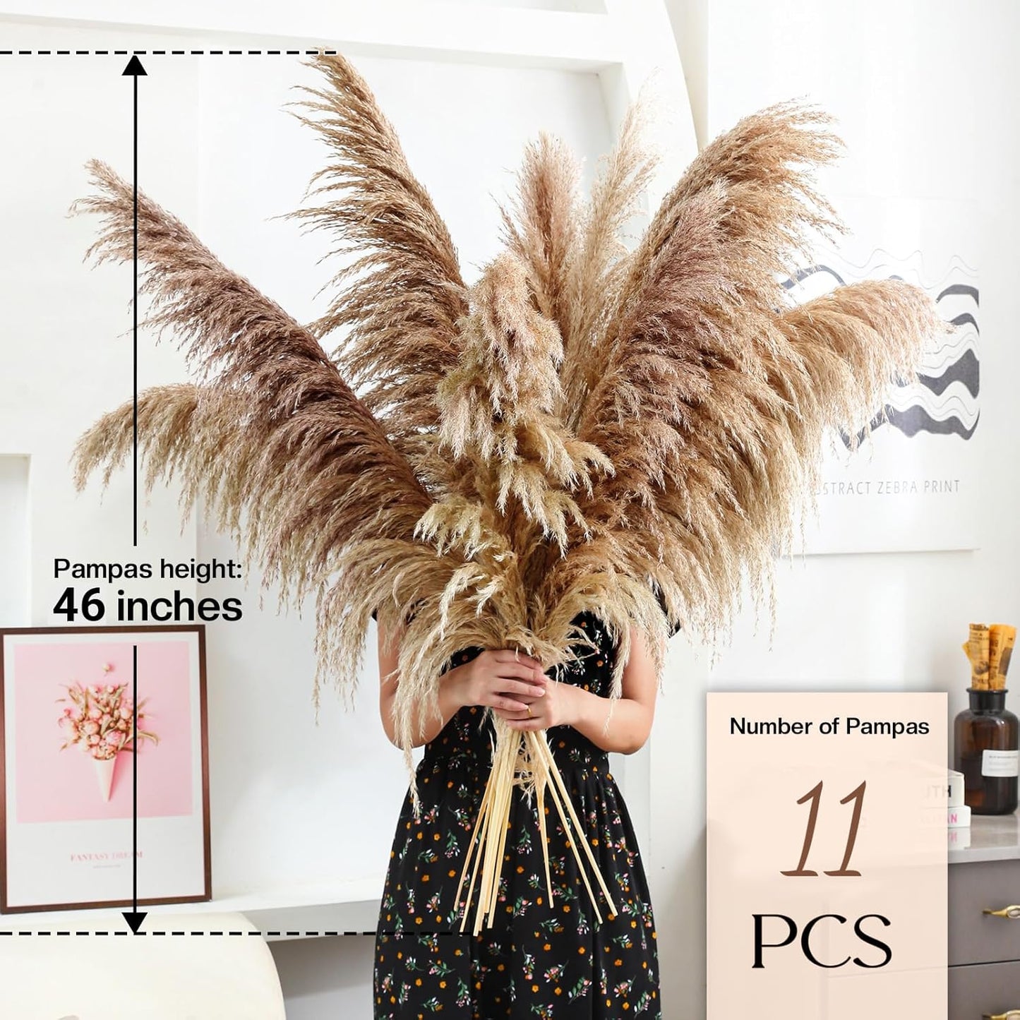 46" inch 11 Stems Natural Pampas Grass Tall Decor,Pompas Grass,Large Borwn Tall Pampas Grass for Floor Vase,Wedding Decorations,Party,Boho Home Decor,and Creating a Boho Ambiance
