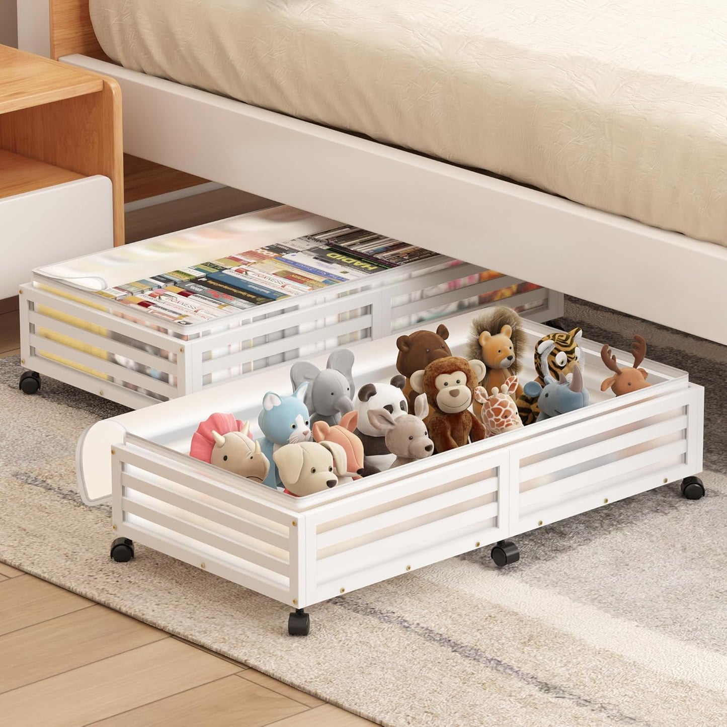 Under Bed Storage with Wheels-Large Bamboo Underbed storage Containers with Large Dust Bag Stackable Under the Bed Shoe Storage Bins for Clothes Books Bedding (2 Packs White, 33.07"L×16.54"W× 6.5"H)