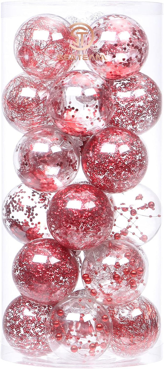 Sea Team Shatterproof Clear Plastic Christmas Ball Ornaments Decorative Xmas Balls Baubles Set with Stuffed Delicate Decorations (70mm/2.76 inch 24-Pack, Red)