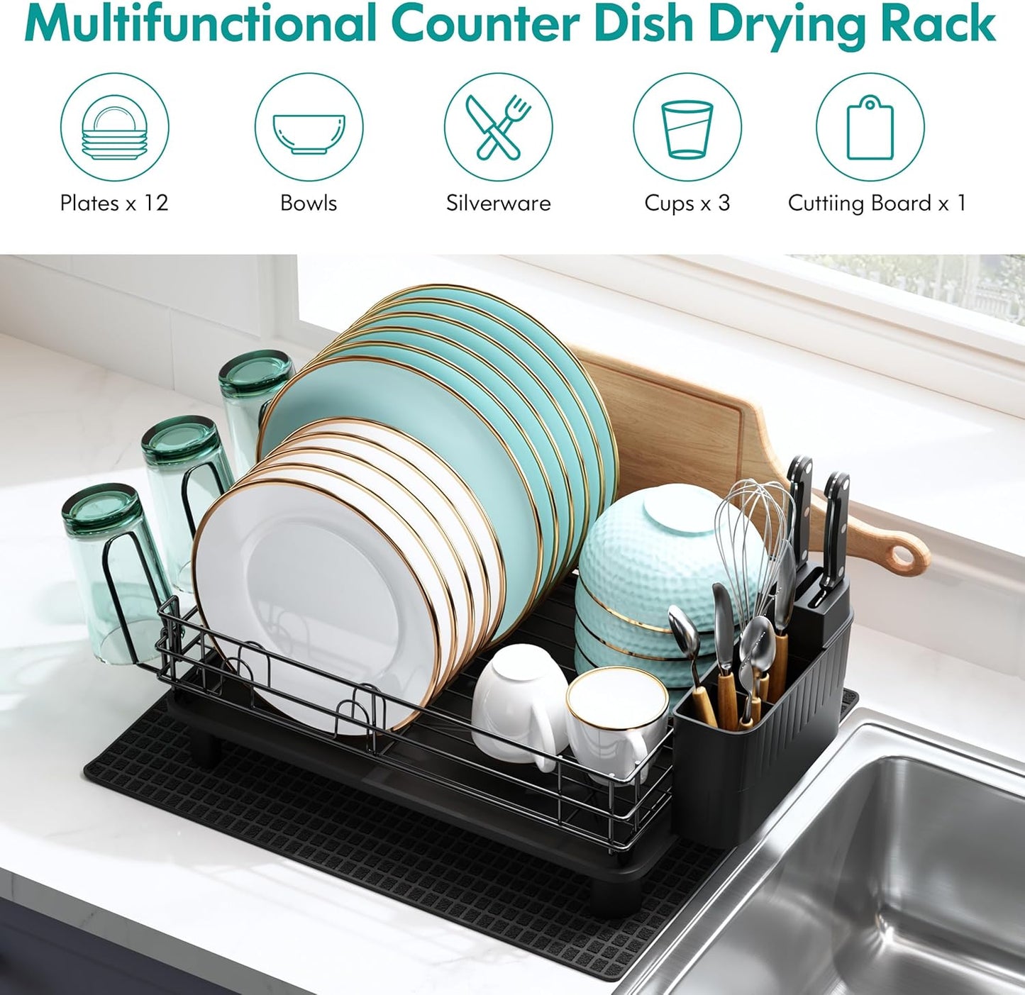 Black Stainless Steel Dish Drainers Drying Rack for Kitchen Counter with Drainboard Set, Rust Proof Metal, Space Saving, Modern Aesthetic, Compact Plates Strainers with Extra Mat