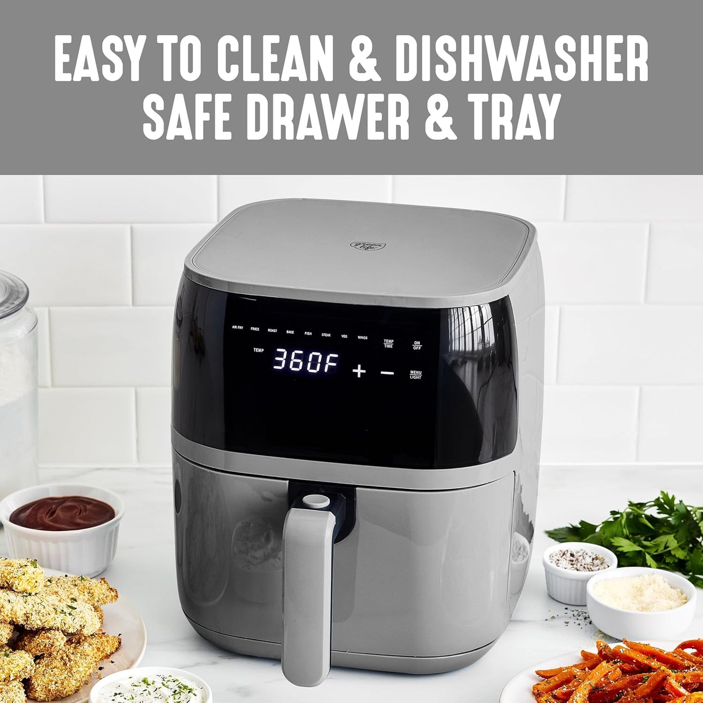 GreenLife Compact Electric Air Fryer Oven, 5.3 QT, PFAS-Free Ceramic Nonstick Drawer, 8 One Touch Digital Display, Easy View Window, Auto Shut-Off Timer, Dishwasher Safe Parts, 1500 Watts, Graphite