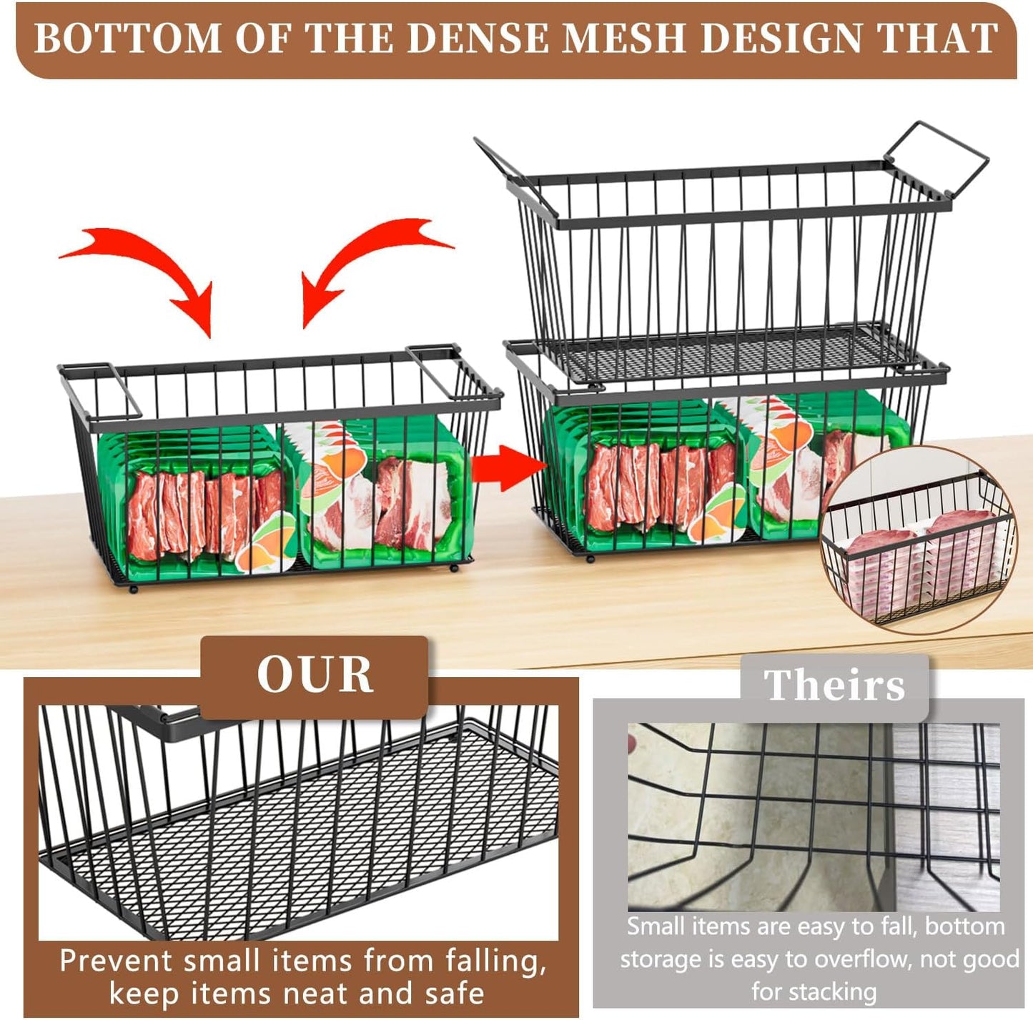 6 Pack Stackable Deep Freezer Organizer Bins ，Upgraded Bottom Leak-Proof net，Encryption and Hardening ， Freezer Organizer Bins for 5 to 9 Cu.FT Small Chest Freezer， Easy Get Bottom Foods