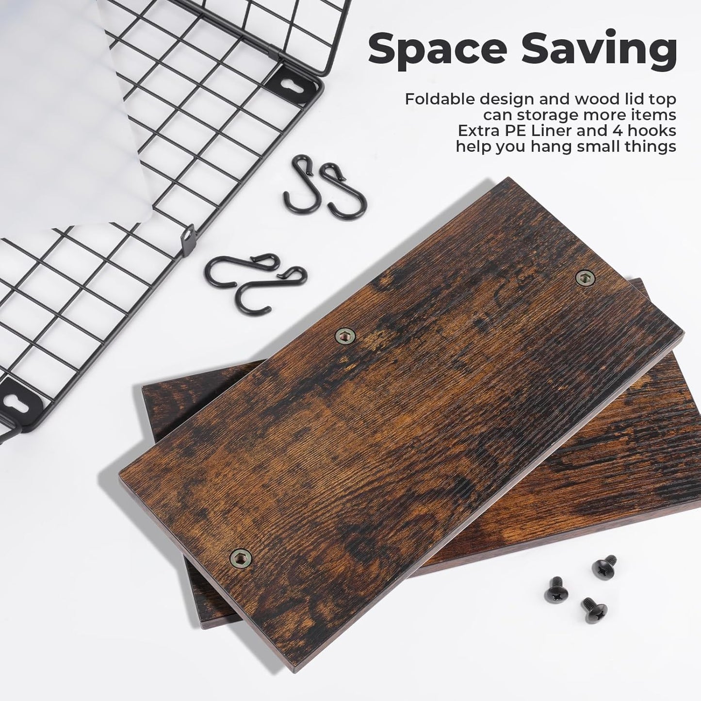 Fruit Bowl, Stackable Wall Mounted Fruit Basket of Smooth Wood Lid with 4 Banana Hanger Hooks, Metal Kitchen Counter Organizer for Snack, Fruit and Vegetable Storage, 11.8 * 7.9 * 8.5 Inches