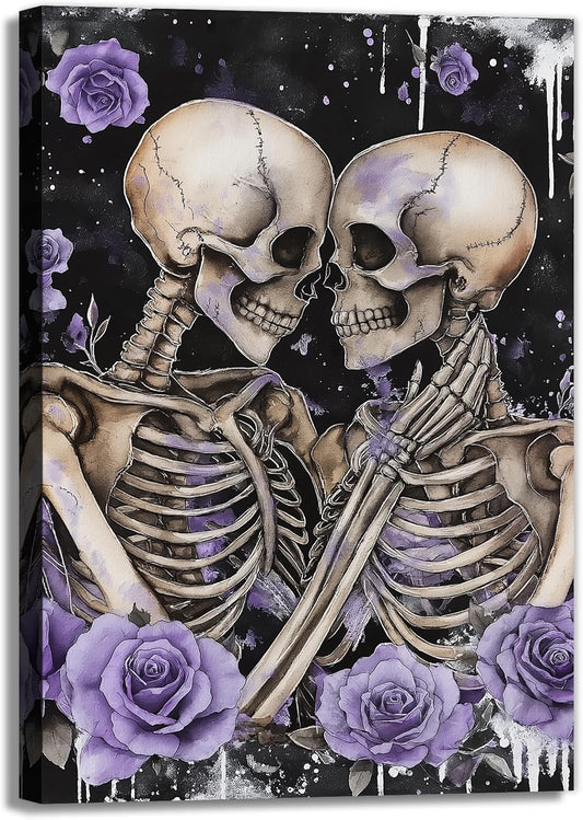 Skull Canvas Wall Art Couple Skeleton Holding Each Other Picture Art Poster Abstract Lover Painting Modern Artwork Horrible Halloween Decor(Artwork-2,12"x18")