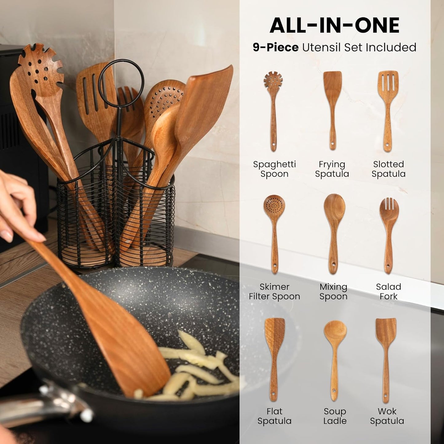 360° Rotating Kitchen Utensil Holder- 3 Compartment Organizer with Cork Bottoms | Includes Premium 9-Piece Acacia Wood Utensil Set | Professional & Home Luxury Design | Metal Utensil Crock (Black)