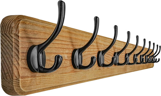 Dseap Coat Rack Wall: 38-1/4" Long, Patented, Heavy-Duty, 10-Double-Hooks Wooden Wall Mounted Coat Rack Coat Hanger Hook Rail for Winter Coats Hat Jacket Clothing, Weathered Brown
