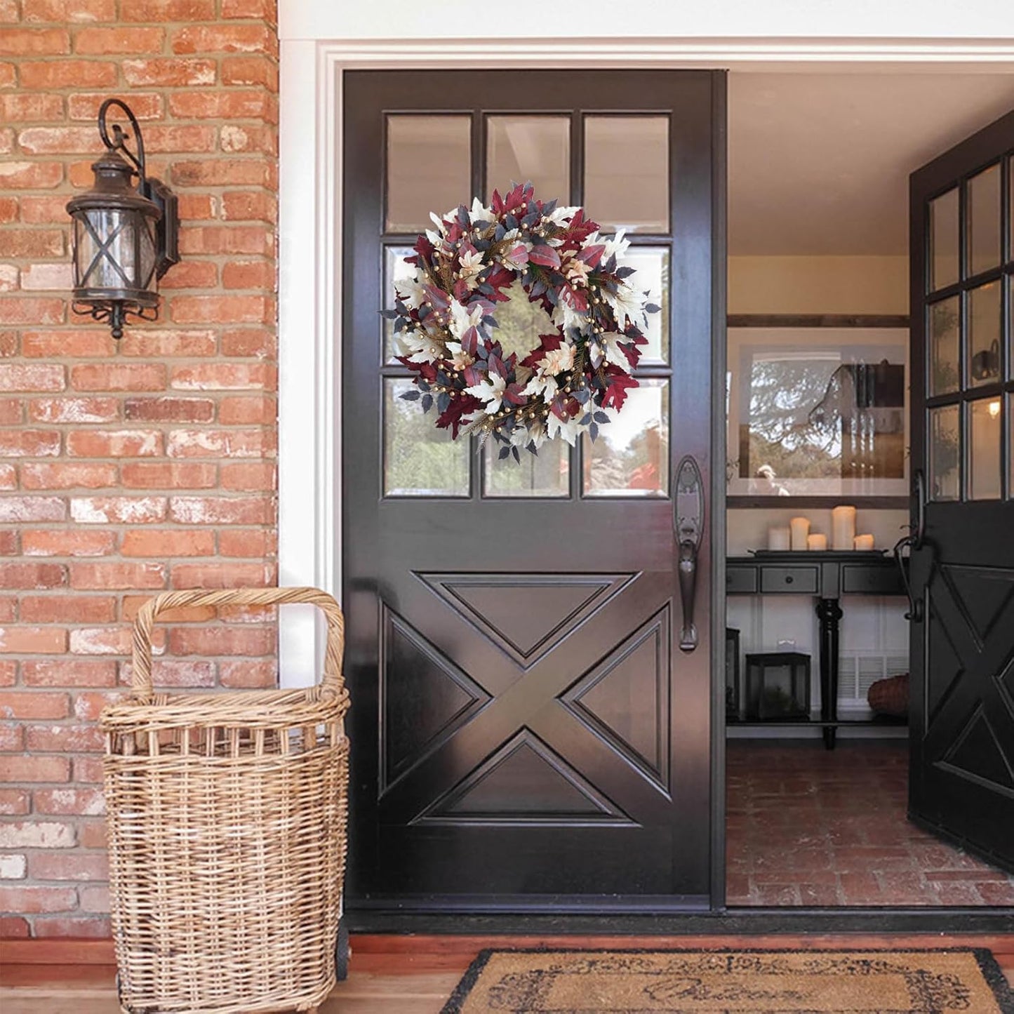 Maple Leaves Pearl Fall Wreaths- 22 Inch Autumn Wreath with Gold Pearl Accents & Grapevine Base, Farmhouse Style for Front Door Wreaths for Thanksgiving Harvest Indoors/Outdoors