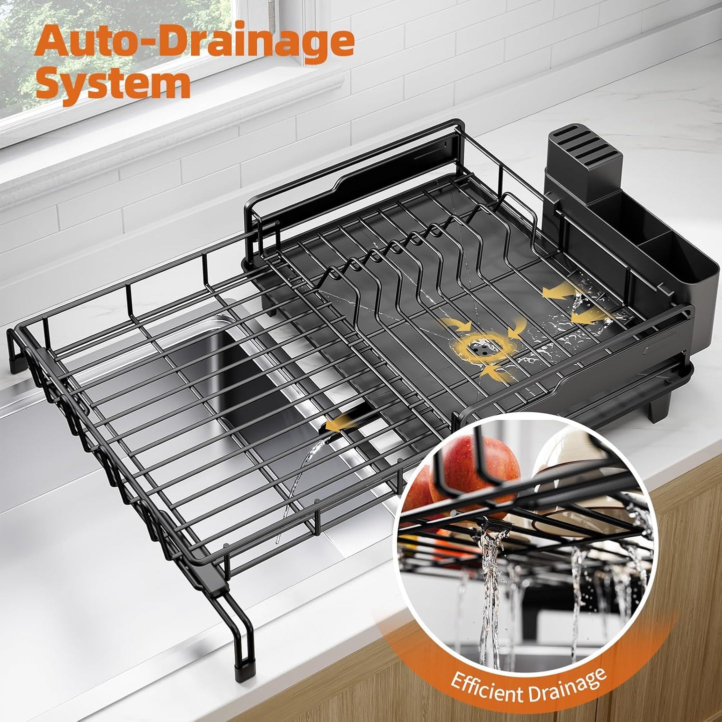 Extendable Dish Drying Rack, Multifunction Dish Rack for Kitchen Counter, Expandable Dish Drainer Over Sink, Large Dish Strainer with Cups Holder, 1 Tier Black