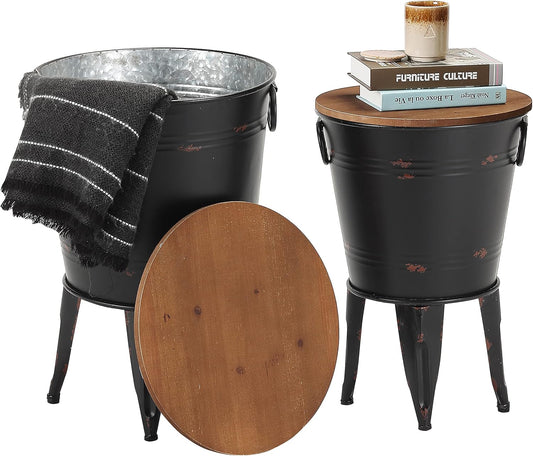 Rustic Storage Farmhouse Accent Side Table, Antique Galvanized Metal End Coffee Cocktail Table Box Bin with Round Wooden Lid Set of 2 (Black)