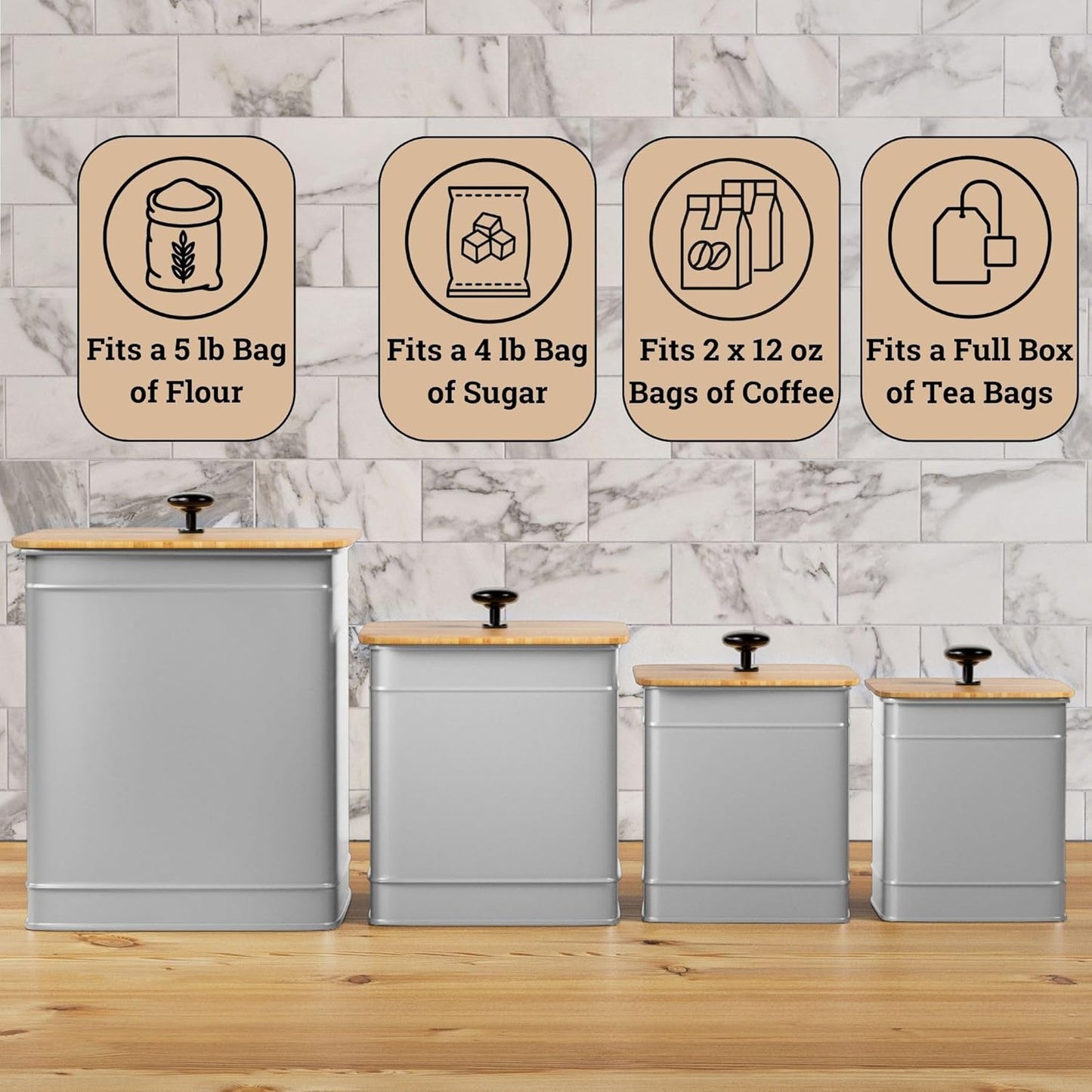 Kitchen Canisters for Countertop Set of 4 with Customizable Chalkboard Labels & Marker Pen - Big Iron Kitchen Canisters with Airtight Lids - Gray Canister Set - Flour and Sugar Containers Farmhouse