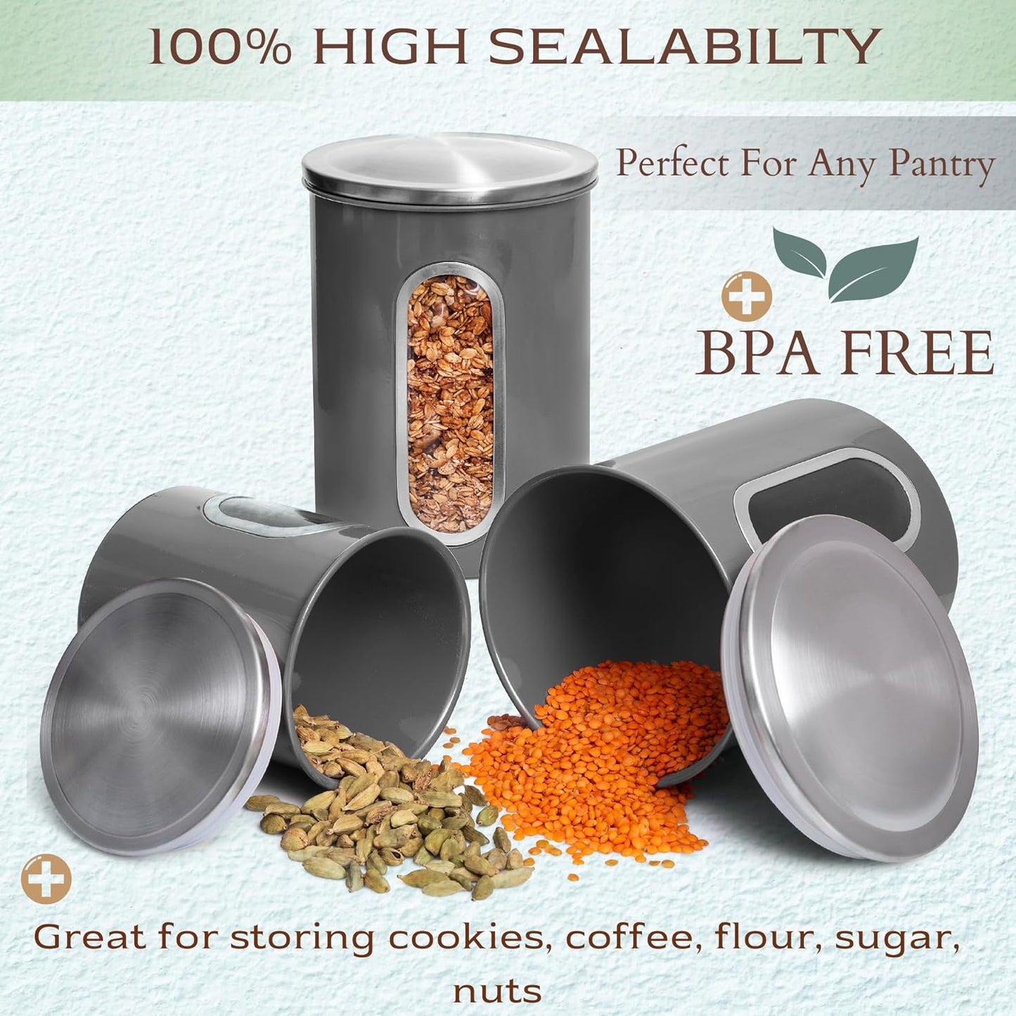 Moss & Stone 3-Piece Gray Canisters Sets For The Kitchen, Airtight Canister Set With See Through Window, Storage Jars for Coffee Container, Tea Organizer & Sugar Canister, Gray Kitchen Canisters