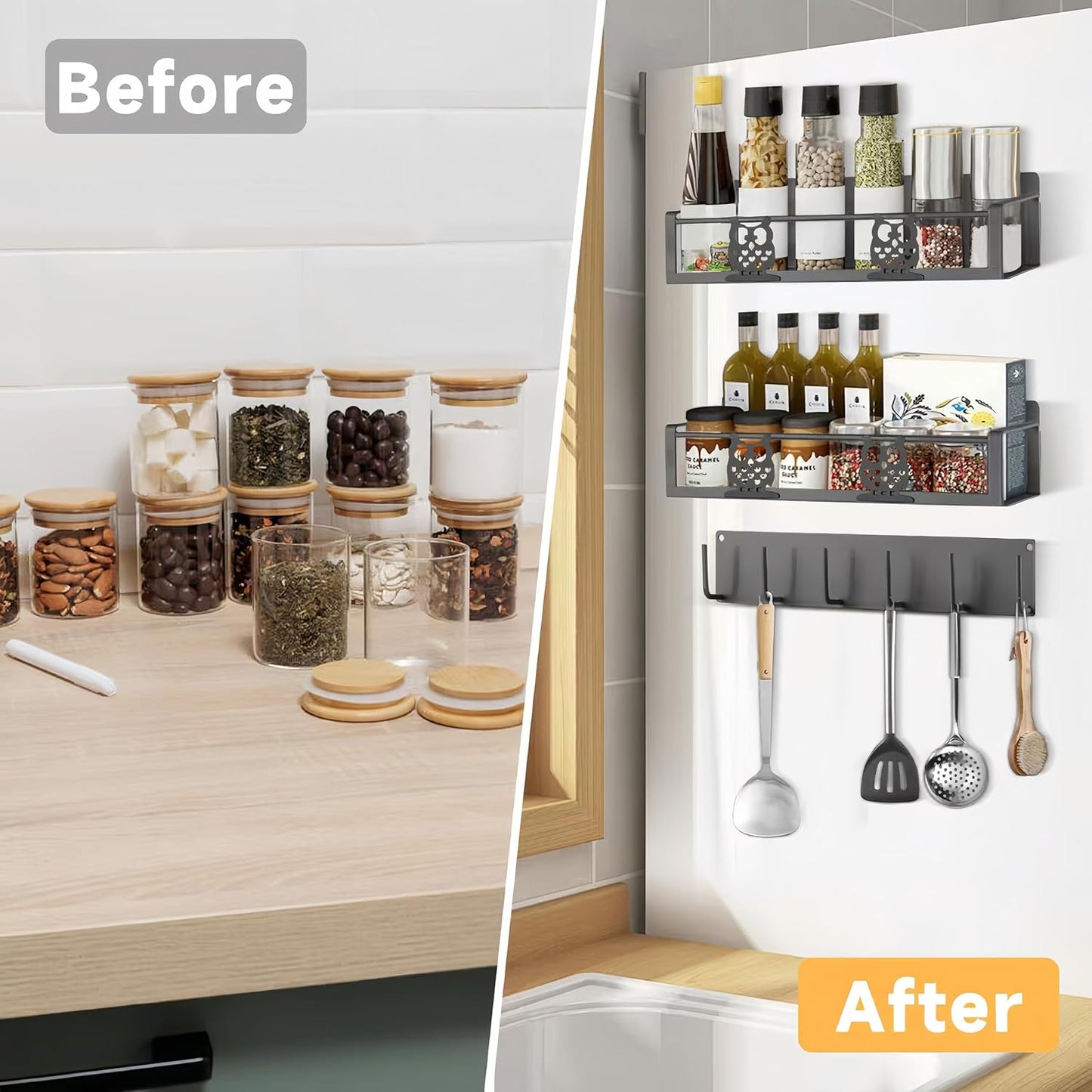 Spice Rack Magnetic for Fridge,Magnetic Fridge Shelf,Spice Shelf,Condiment Organizer,Refrigerator Organizers and Storage with Magnetic Hooks,Owl Kitchen Decor(Gray)