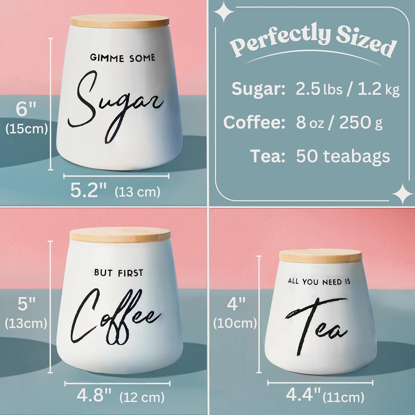 Coffee Tea and Sugar Ceramic Canister Set - 3-Piece Airtight Kitchen Canisters for Countertop - Coffee Bar Container Set