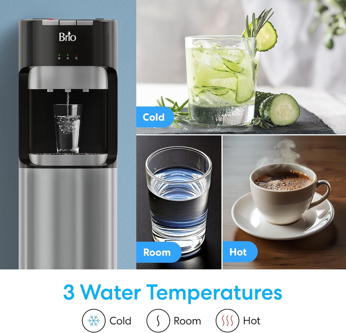 Brio Bottom Loading Water Cooler Dispenser for 5 Gallon Bottles - 3 Temperatures with Hot, Room & Cold Spouts, Child Safety Lock, LED Display with Empty Bottle Alert, Stainless Steel