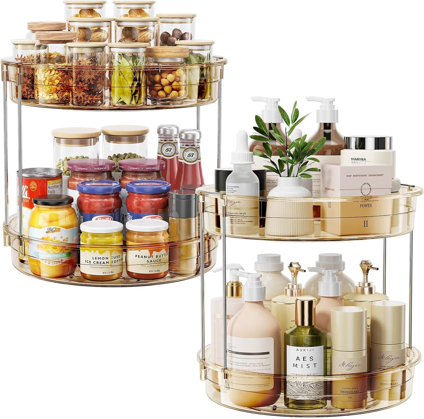 LAMU 2 Pack 2 Tier Lazy Susan Turntable Organizer 12'' Rotating Spice Rack Organization for Cabinet, Kitchen, Pantry, Countertop, Bathroom, Vanity, Medicine Cabinet Organizer, Amber