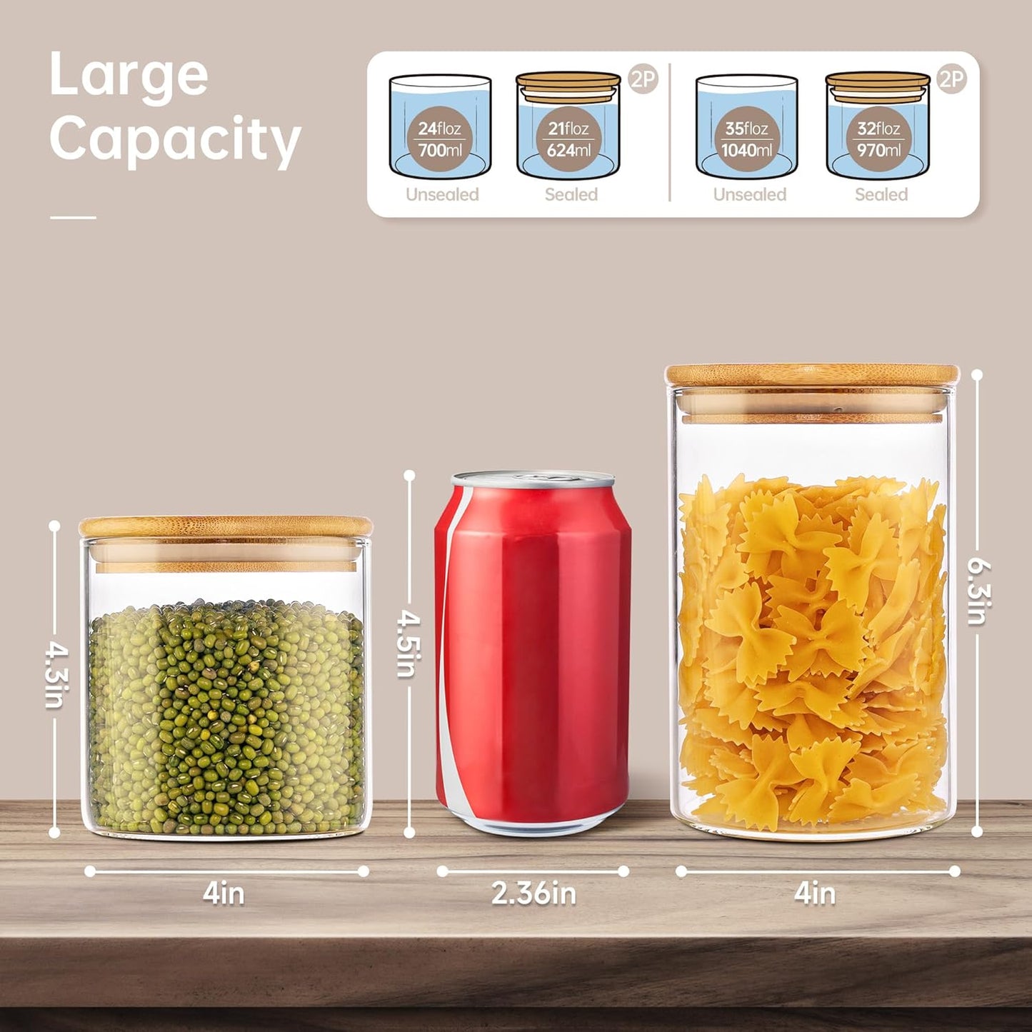 32oz & 21oz - 4 Pack Glass Jars with Bamboo Lids, Glass Pantry Storage Containers with Airtight Lids, Round Air Tigh Food Storage Canisters for Cereal, Pasta, Flour, Sugar, Best for Kitchen Organizer