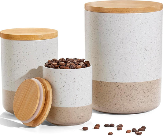 Yangbaga Canister Sets for Kitchen Counter, 80/40/20 OZ Large Ceramic Food Storage Jars with Airtight Wood Lids, Large Kitchen Canisters for Coffee, Sugar, Tea, Flour, Spice