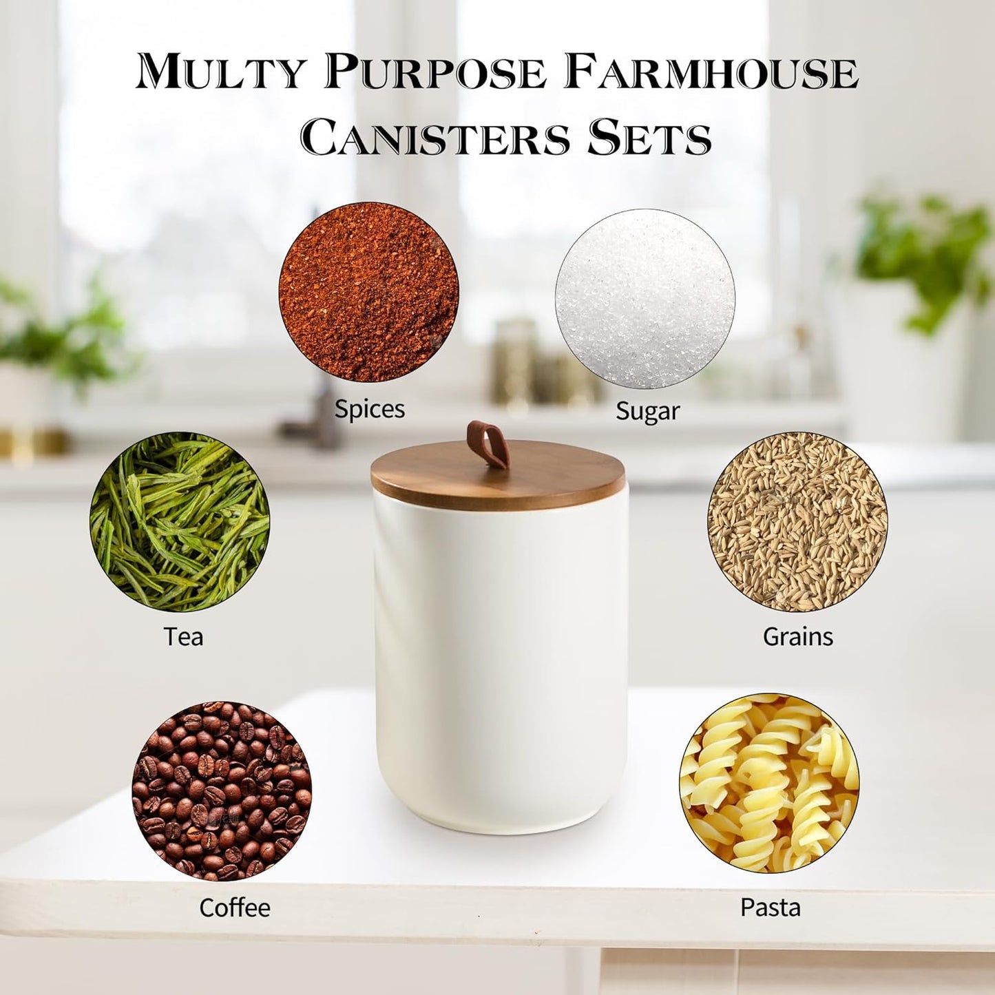 White Ceramic Canister Set with Wooden Lid, 3-Piece Food Storage Jars for Kitchen Counter, Storage Container for Coffee, Tea, Spice, Sugar, Grains, Salt