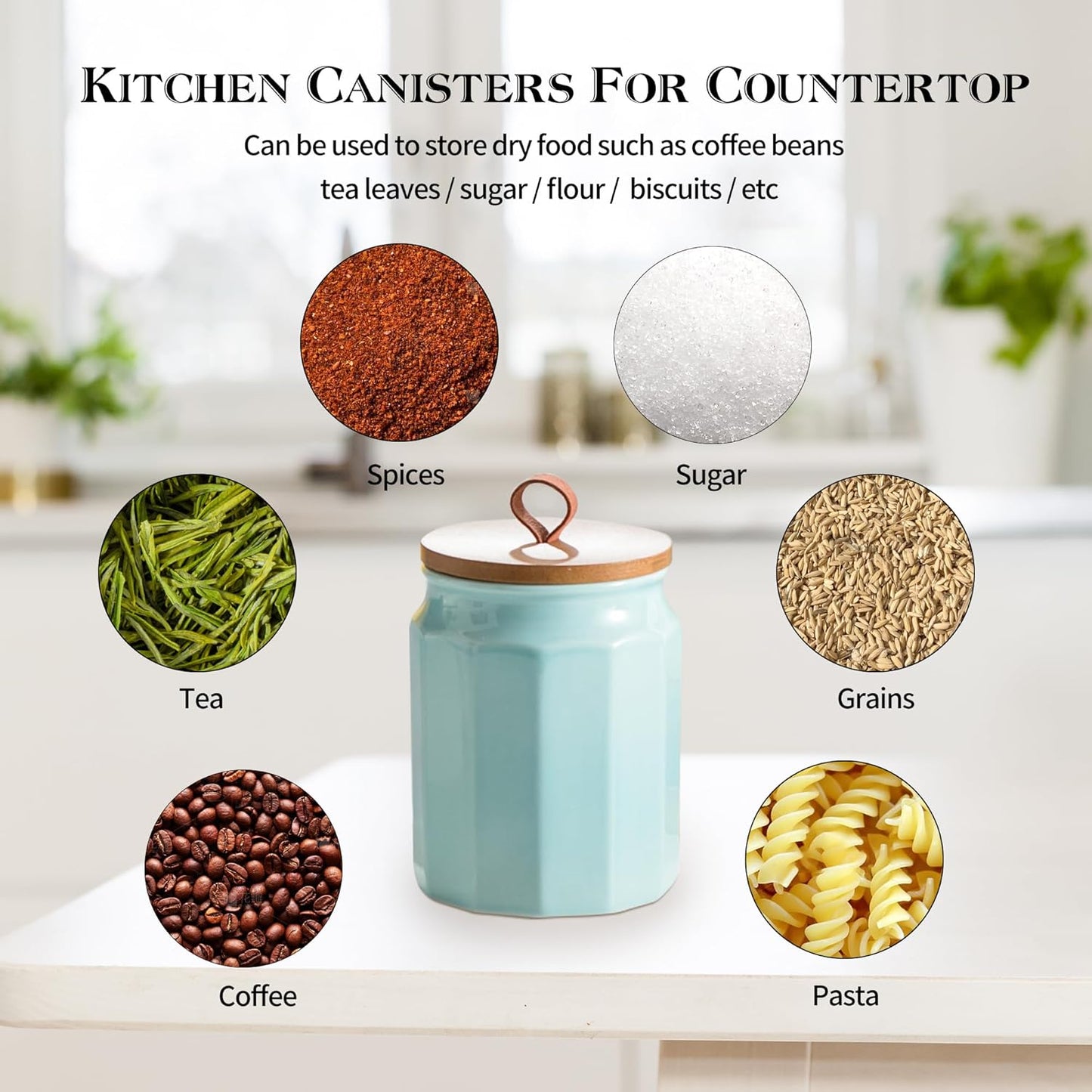 Canister Sets for Kitchen, Kitchen Canisters for Countertop with Airtight Wood Lid, Ceramic Food Storage Containers and Sugar Container for Coffee, Flour, Tea, Candy, Cookie, Spice