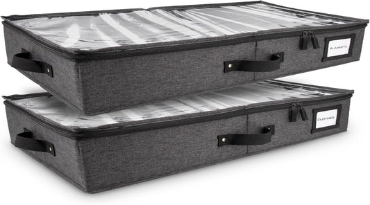 HOMELUX THEORY 2pc Low Profile Under Bed Storage Containers, Thin Under Couch Storage Organizer with Bins & Lids, Underbed Storage Box Ideal for Seasonal Clothes, Blankets, Fabric & Shoes (Dark Gray)