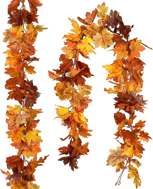 DearHouse 2 Pack Fall Maple Leaf Garland - 5.9Ft/Piece Hanging Vine Artificial Autumn Foliage for Thanksgiving, Home, Wedding, Fireplace, Party, Christmas Decor (Light Orange)