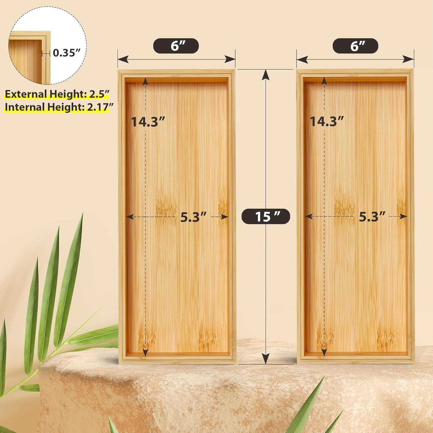 Kitchen Drawer Organizer Bins, Stackable Bamboo Deep Drawer Organizer for Silverware, Utensils, Cutlery, Flatware, Junk Drawer, Dresser, Bathroom, 15" x 6" x 2.5" (Set of 2)