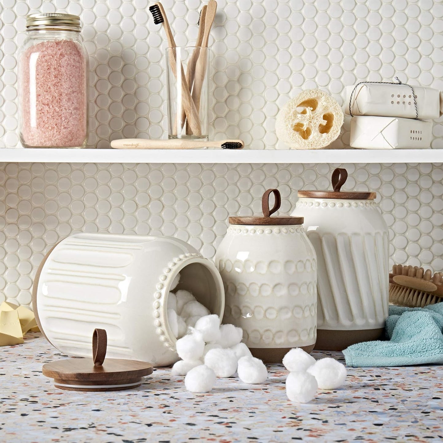 TTU Tabletops Gallery Ceramic Canister Collection- Stoneware Designed Kitchen Storage Embossed Acacia Wood White Set, 3 Piece Embossed Ziggy White Canister Set