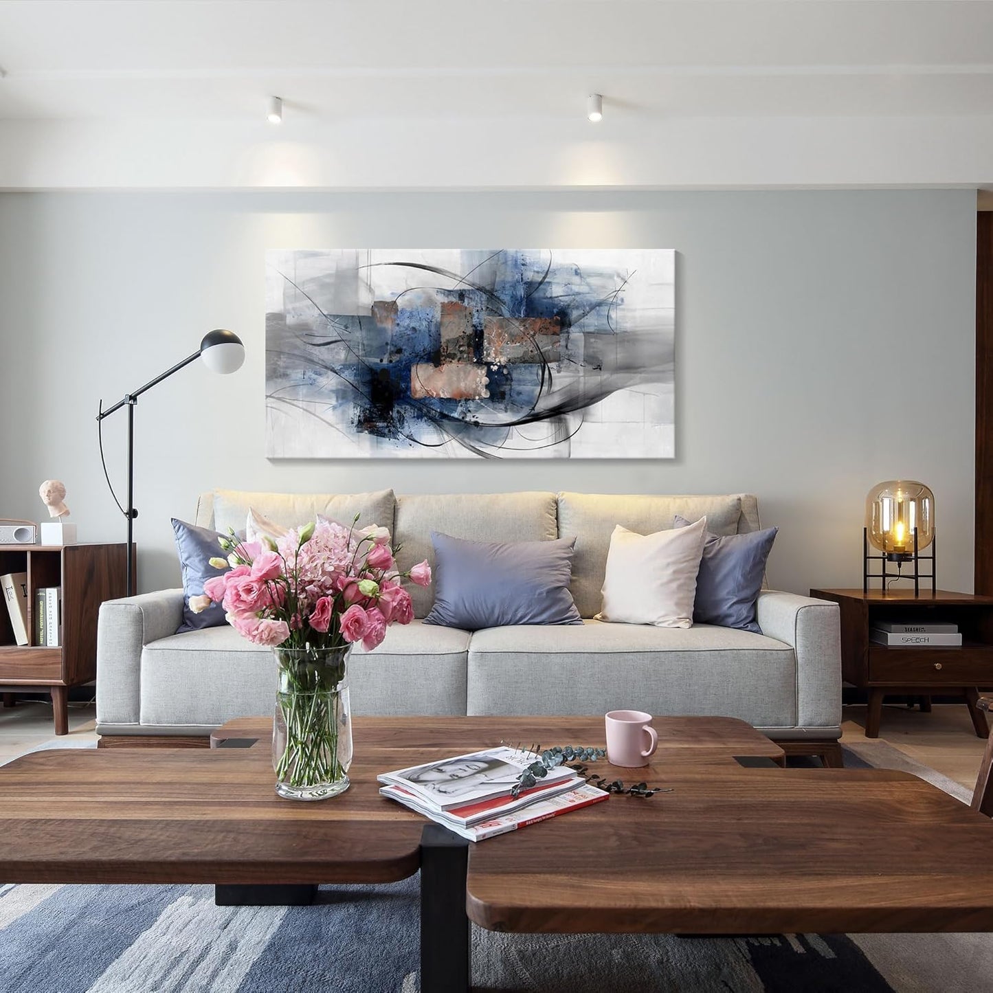 Mofutinpo Canvas Wall Art for Living Room, Bedroom, Office - Large Wall Art Decor - Abstract Wall Art - Modern Black and White Paintings,Blue and Grey Wall Decor, Artwork and Pictures for Wall 24×48