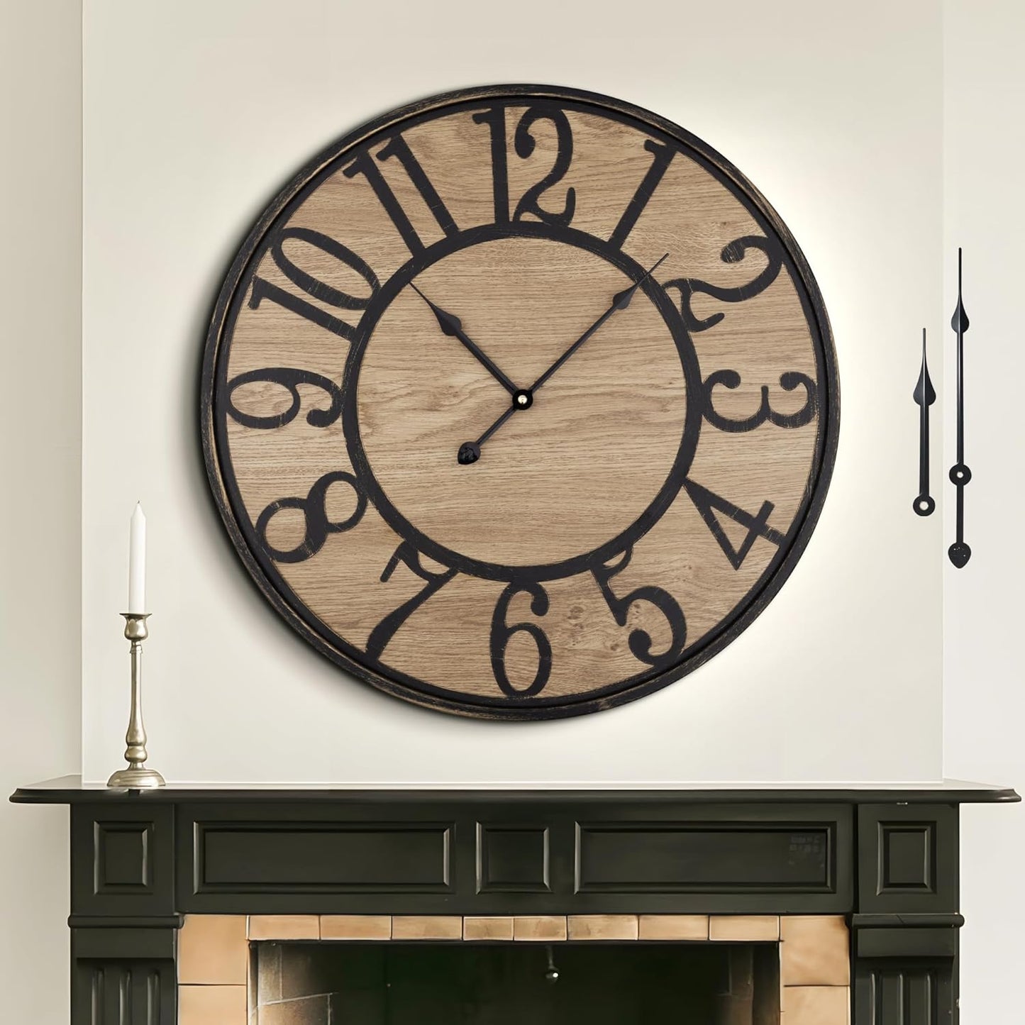 Large Wall Clock for Living Room Decor, Non Ticking Silent, Battery Operated Modern Vintage Wood Oversized Decorative Wall Clock for Bedroom Kitchen Farmhouse Office Decor