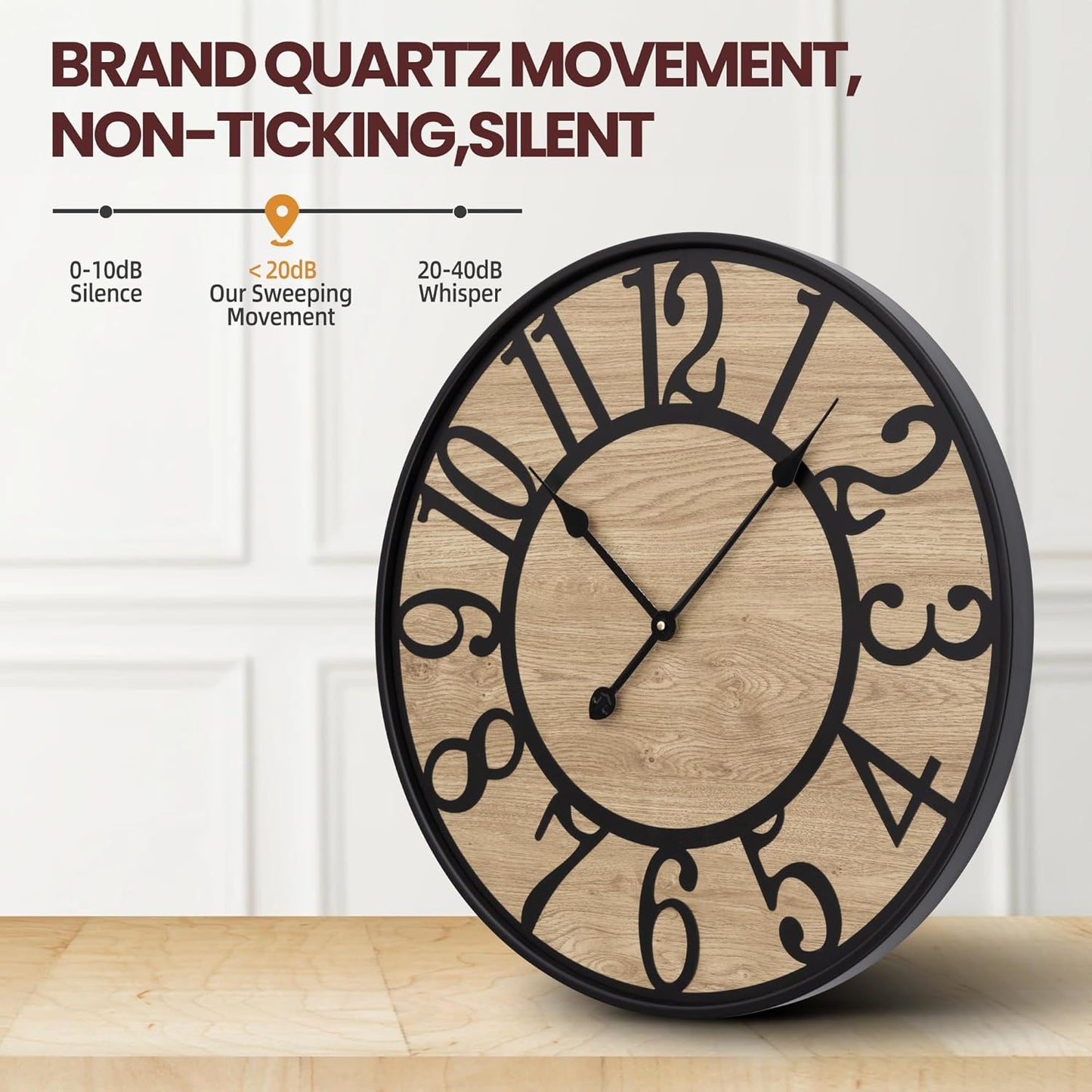 Large Wall Clock for Living Room Decor - Non-Ticking, Battery Operated Modern Vintage Wood Clock for Bedroom, Kitchen, Farmhouse, Office - Oversized Decorative Silent Clock