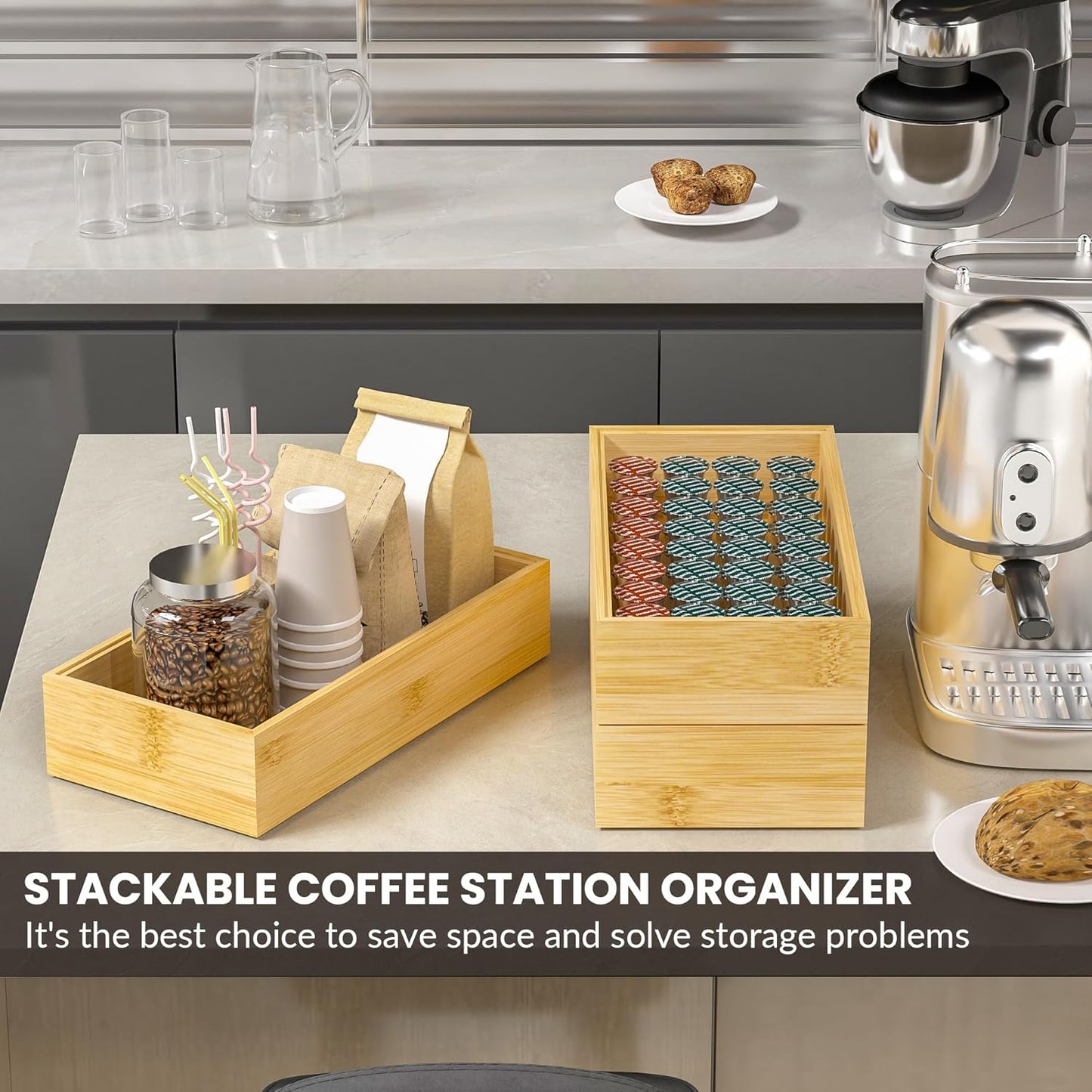Kitchen Drawer Organizer Bins, Stackable Bamboo Drawer Organizer for Silverware, Flatware, Coffee Pod Organizer K Cup Holder for Countertop, 2 Pcs Coffee Station Organizer 12" x 6" x 2.5"