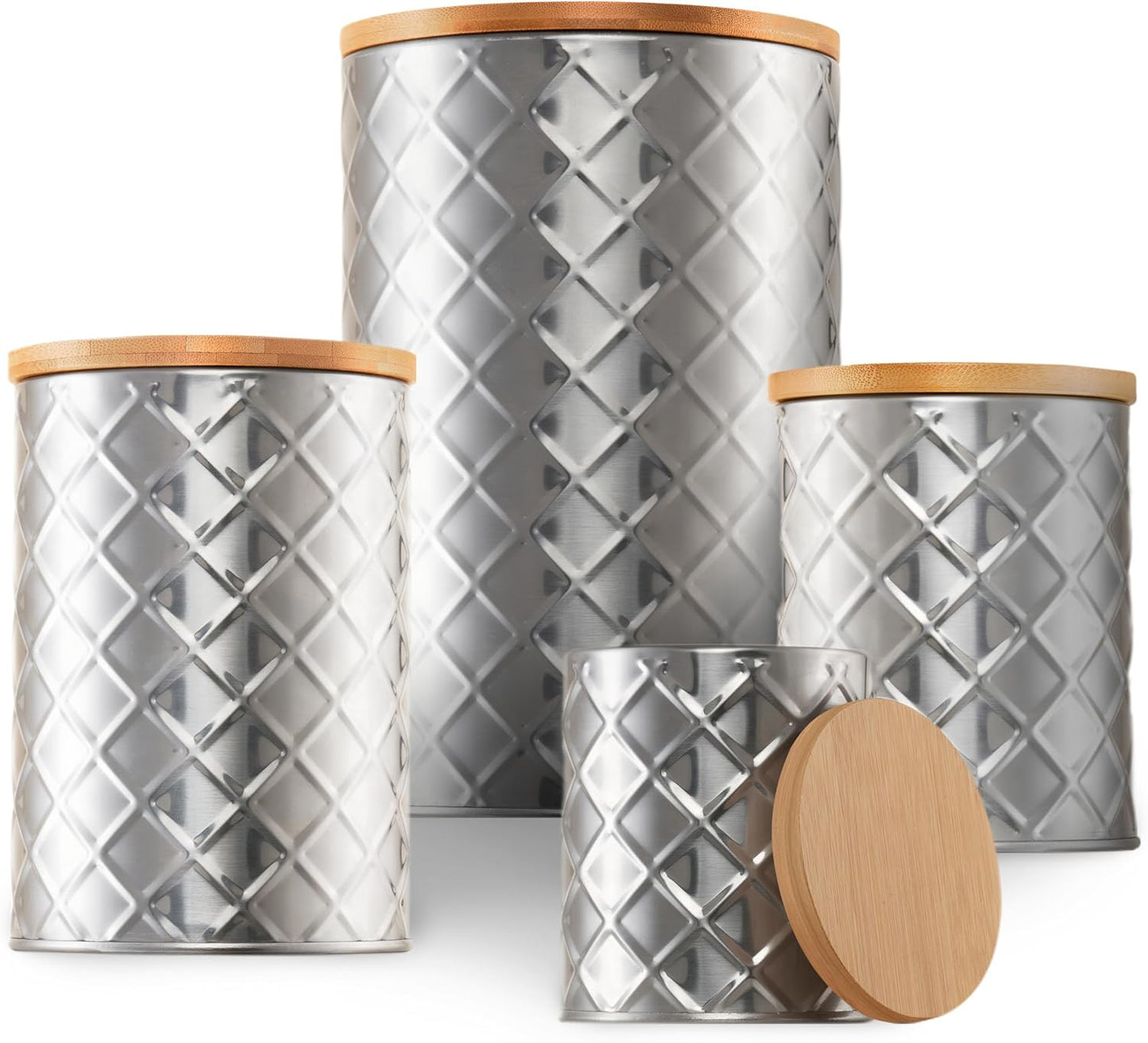 Pebble & Stem® Silver Stainless Steel Canister Set for Kitchen Counter, Food-Grade Canister Set of 4, Airtight Lids, Sugar and Flour Containers for Countertop, Coffee and Tea Storage, Farmhouse Decor