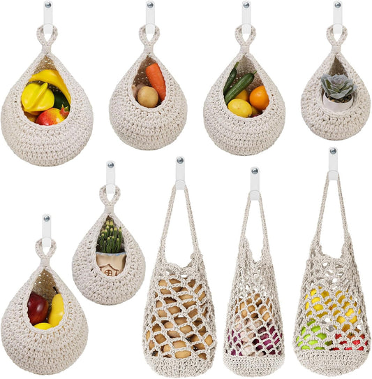 AARAINBOW Boho Wall Hanging Baskets for Kitchen Storage, Fruit Woven Wall Basket 9 Pcs, Hanging Vegetable and Onion Storage with 24 Hooks （White）