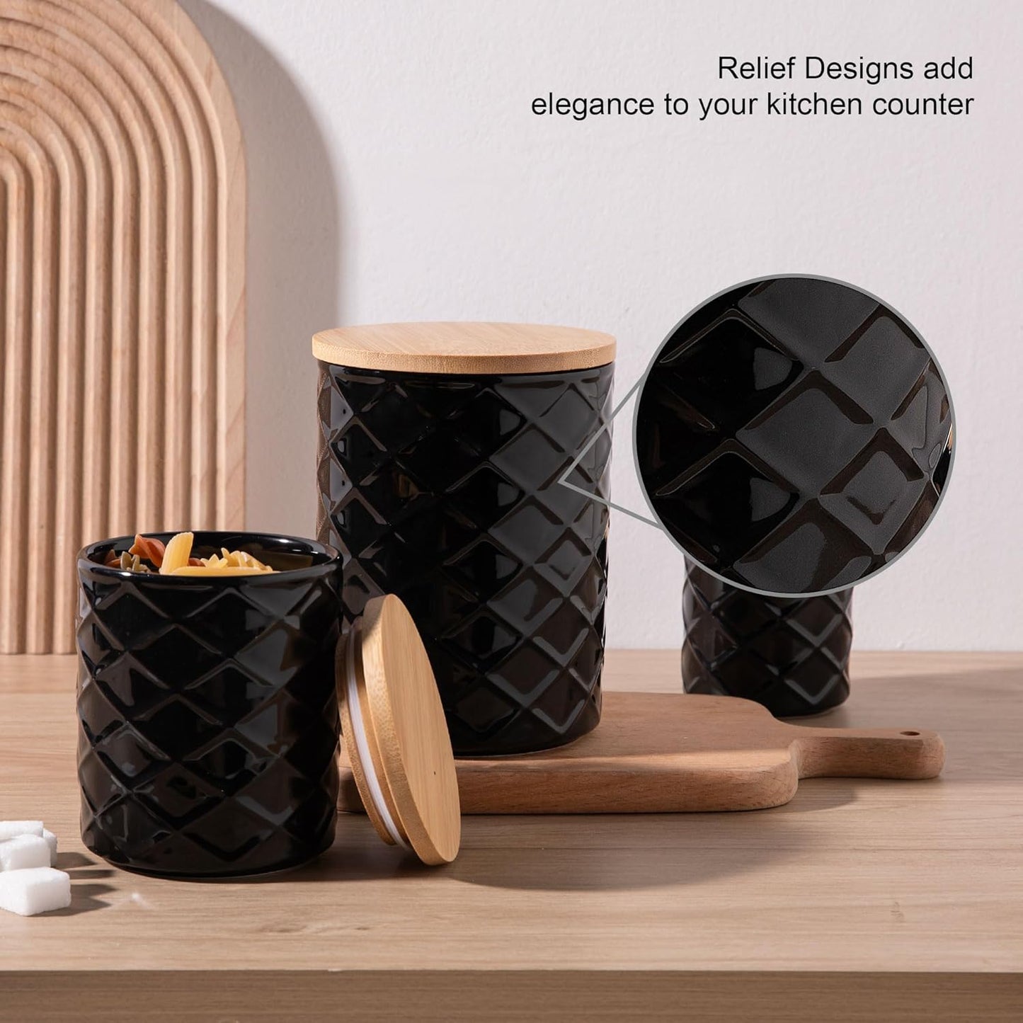 Sweejar Ceramic Canisters Sets for Kitchen Countertop, Relief Food Storage Jar with Bamboo Lid, Stackable Container for Flour, Coffee, Pasta, Cereal, Tea, Cookies, Sugar, Spices, Pack of 4 (Black)