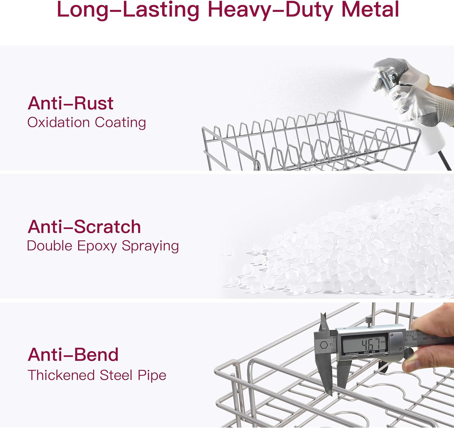 BOOSINY 2 Tier Red Large Stainless Steel Dish Drainers Drying Rack for Kitchen Counter with Drainboard, Rust Proof Metal, Space Saving, Modern Aesthetic, Compact Plates Strainers with Extra Mat