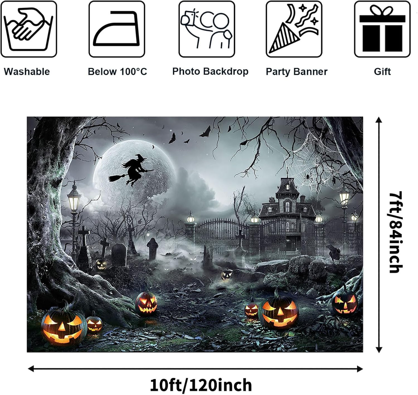 Avezano Halloween Photography Backdrop Full Moon Scary Night Castle Pumpkins Party Background Spooky Witch Bats Cemetery Child Kids Halloween Party Decorations Photoshoot Backdrops (10x7ft, Gray)