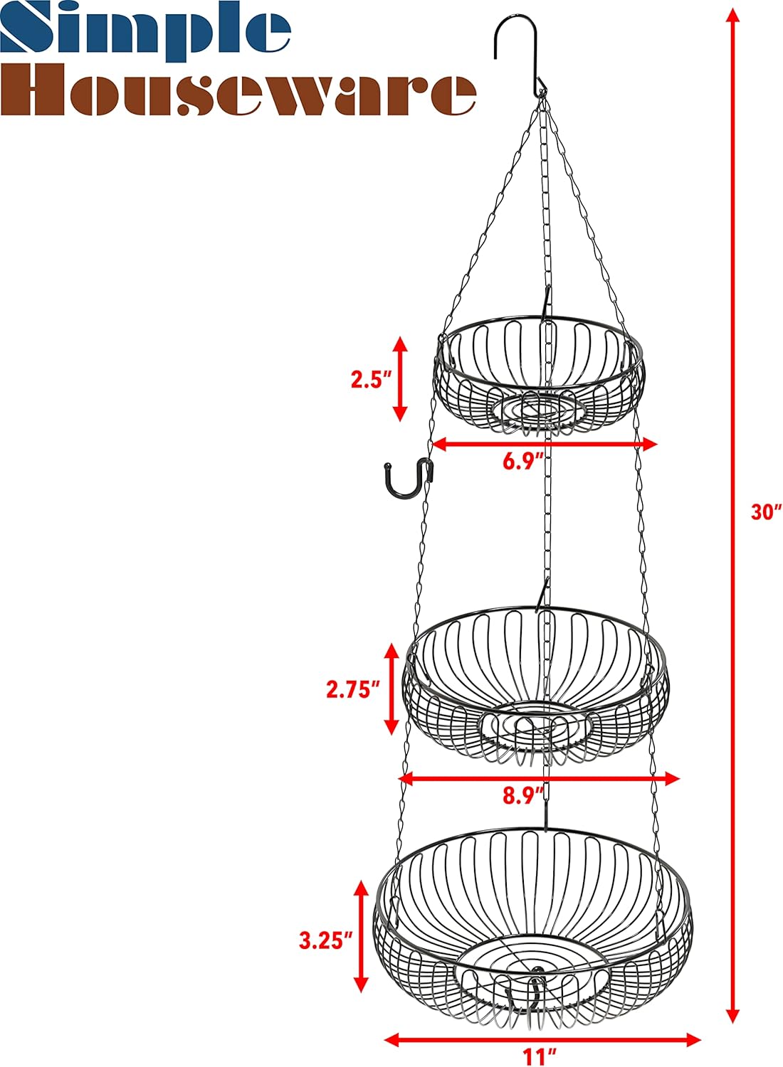 Simple Houseware Adjustable Metal Hanging Fruit Basket, Oblate, Black, 11" W x 11" L x 30" H