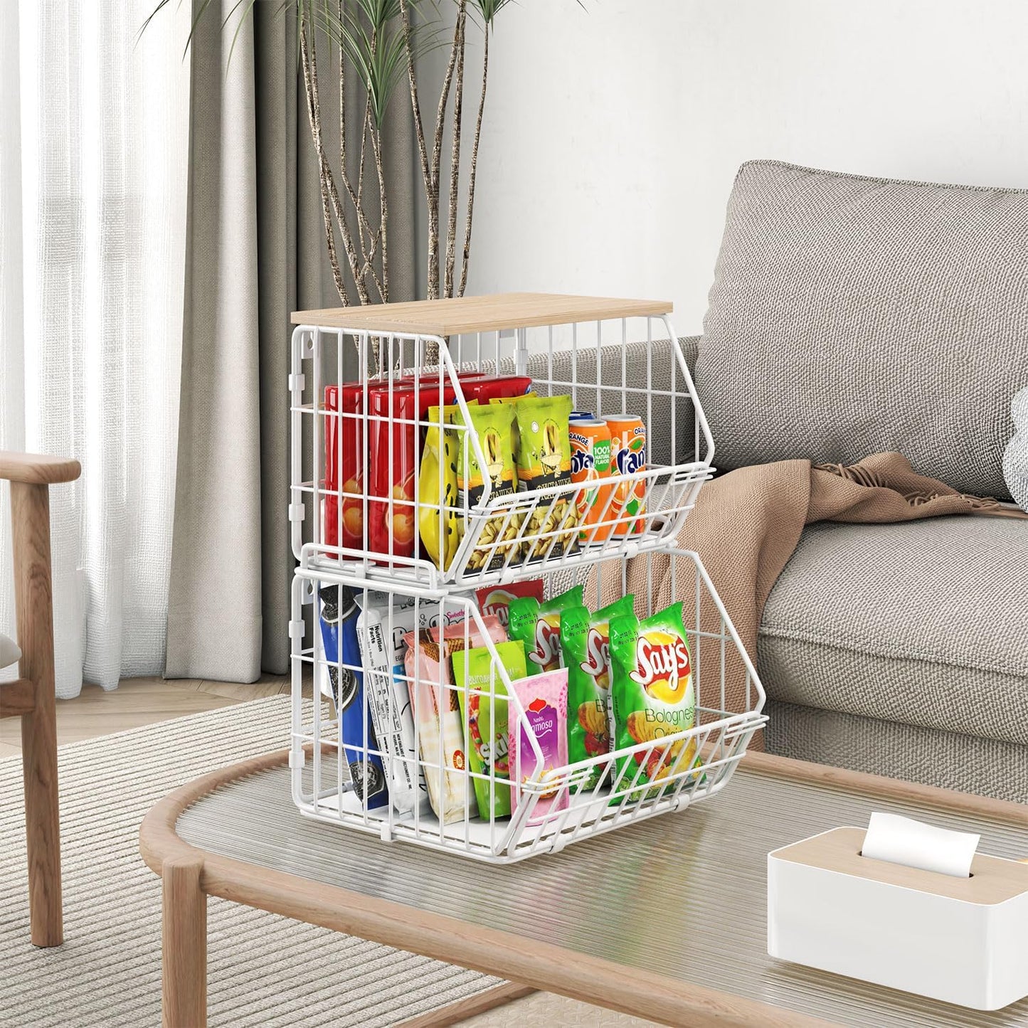 Wetheny 2 Tier Stackable Wall Mounted Wire Basket Fruit Basket with Wood Lid - Kitchen Pantry Organization and Storage, Hanging Storage Basket for fruits, Onion, Potato, Produce, Vegetable (White)