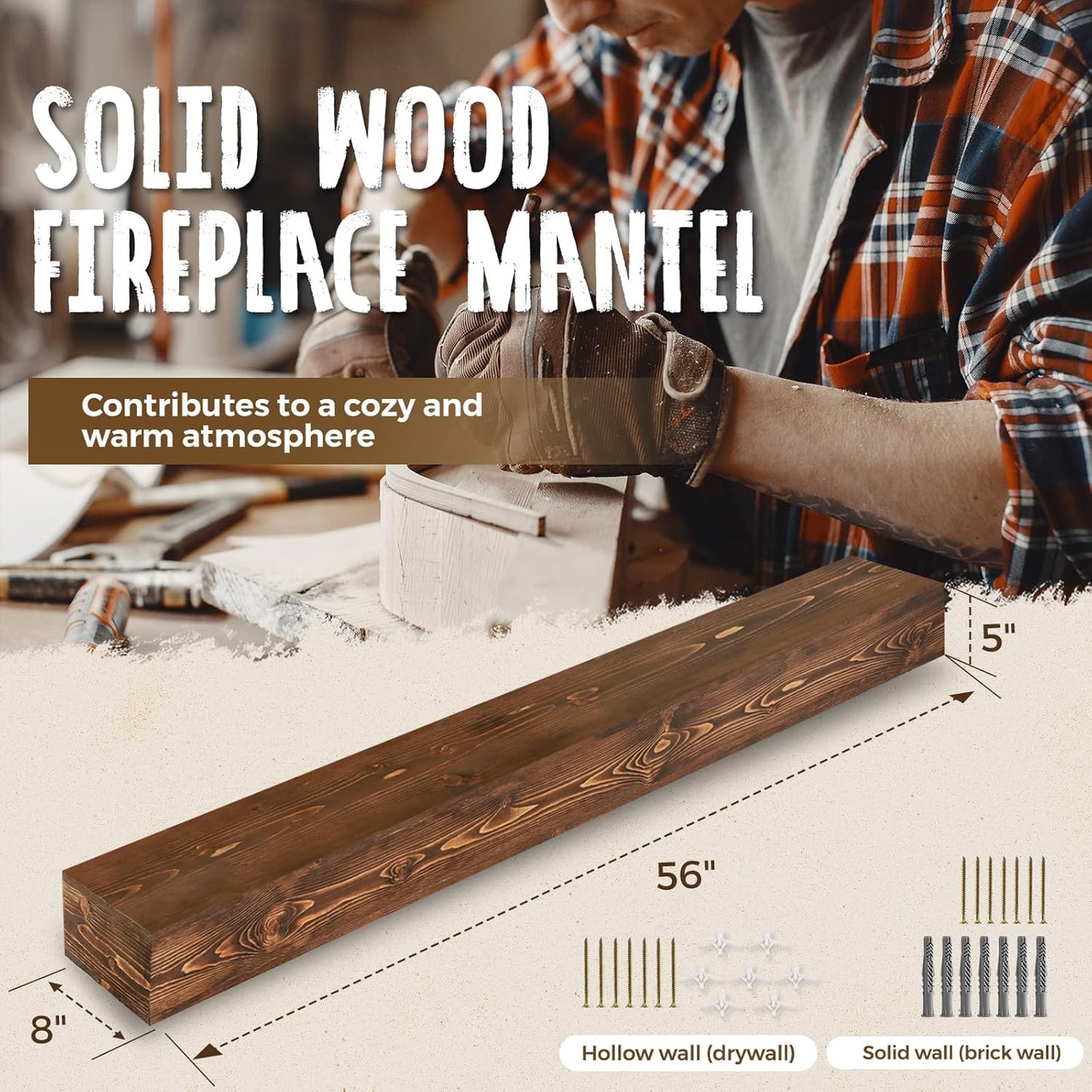 56x8x5 Fireplace Mantel - Handcrafted Hollow Rustic Solid Wood Wall Mounted Floating Shelf with Invisible Heavy Duty Wood Bracket (Weathered Brown)