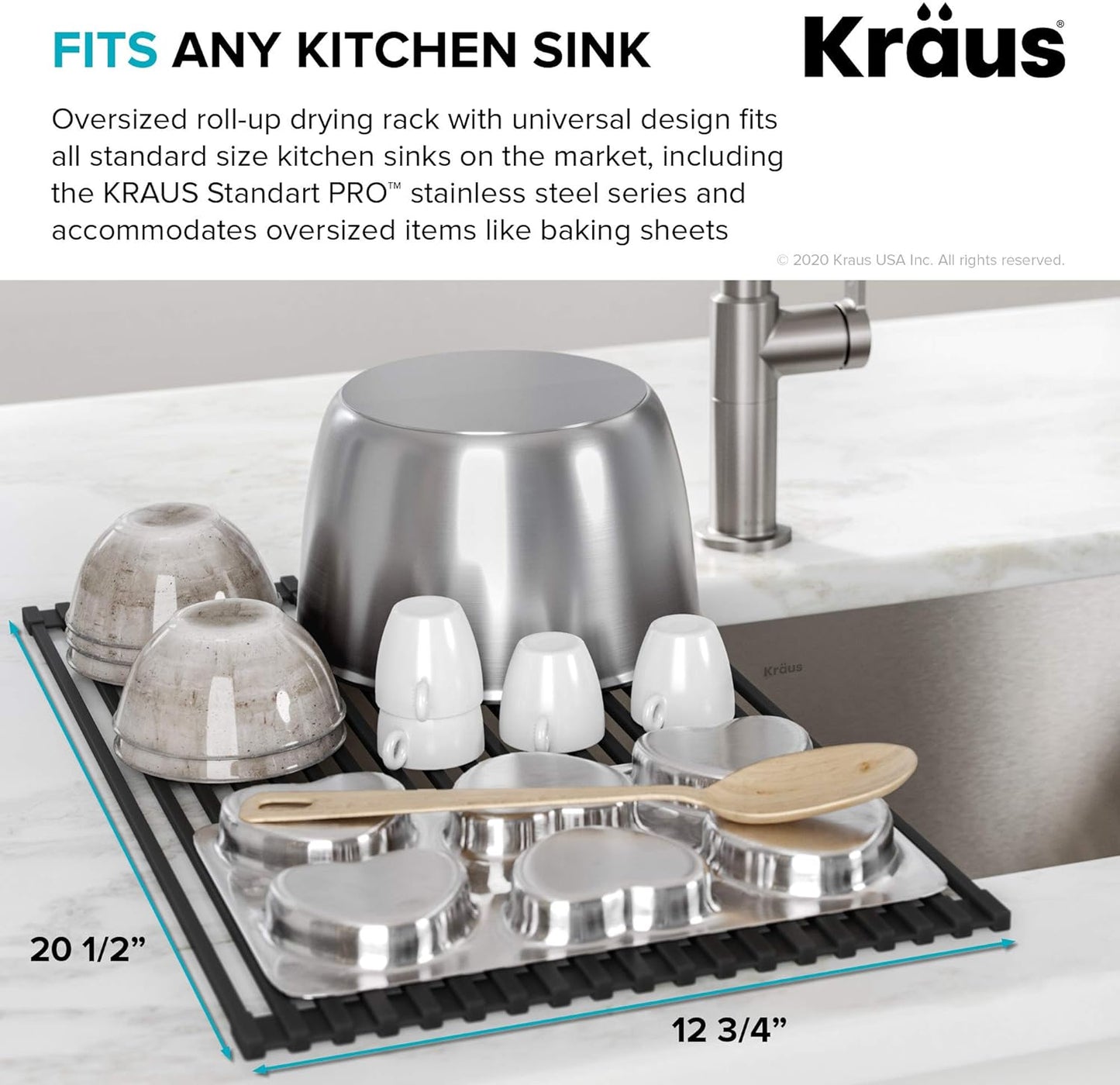 Kraus Multipurpose Over-Sink Roll-Up Dish Drying Rack, Colander and Trivet in Light Grey, KRM-10GREY