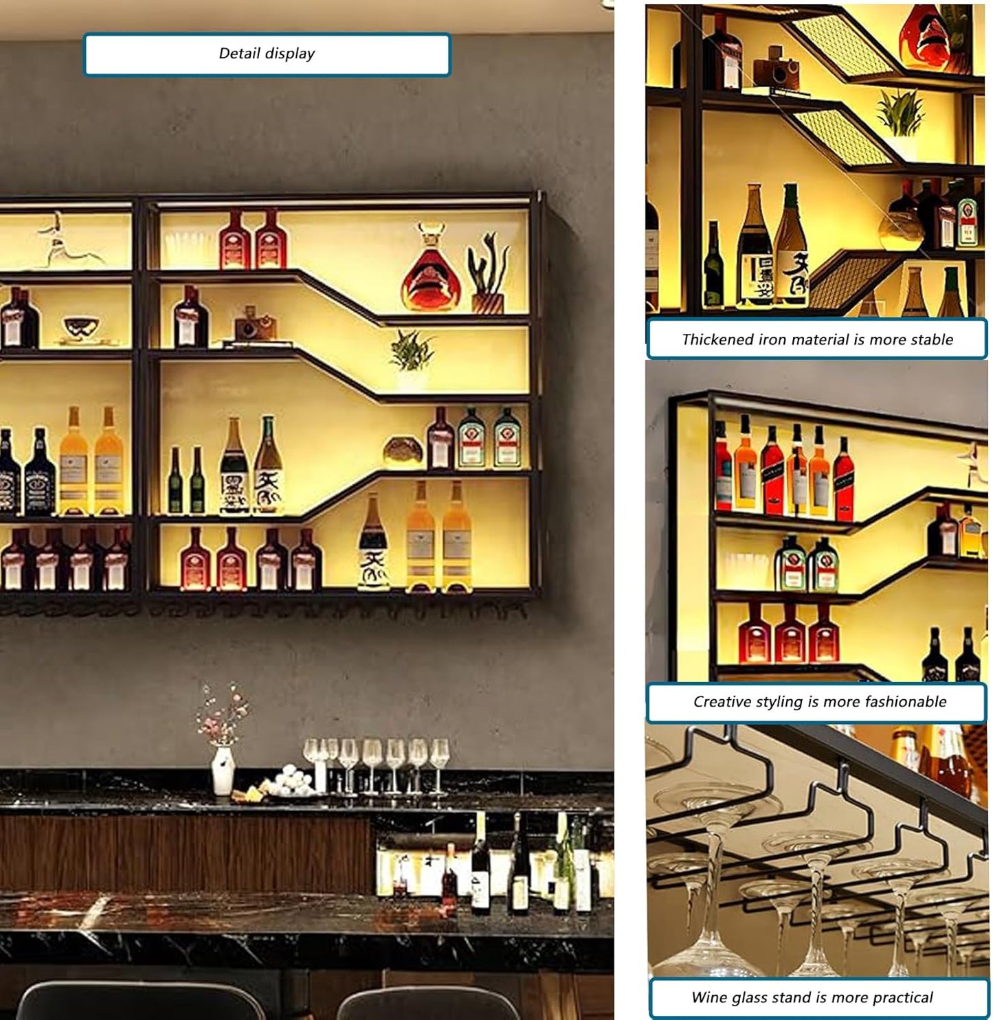 94.4in Wall Mounted Wine Rack with LED Light, 5-Tiers Liquor Bottles Display Shelf with Glasses Holder, Metal Home Bar Shelves with Industrial Iron Frame for Kitchen (Black, 94.4in/7.87ft)