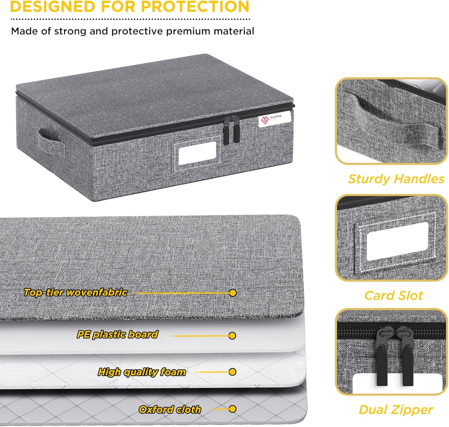 YearningHome Cup and Mug Storage Box with Hard Shell and Dividers for Coffee Mugs,Tea Cups and Glasses,Stackable Storage Organizers with Lid,Handles,Zips and Lable for Moving,Holds 12,2 Pack, Grey