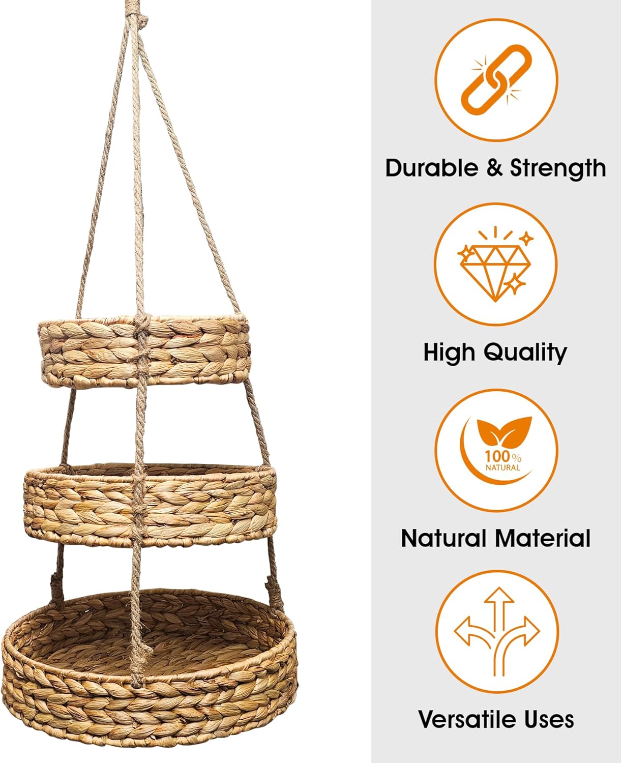 Generic HANFRUBASK - Hanging Fruit Basket Set of 3, Woven Water Hyacinth, Round, Beige, Rustic, Kitchen Storage & Organization