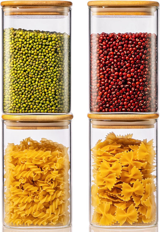 42oz - 4 Pack Square Glass Jars with Bamboo Lids, Glass Food Storage Containers with Airtight Lids for Kitchen, Air Tight Pantry Storage Containers for Cereal, Pasta, Rice, Sugar, Coffee, Spice