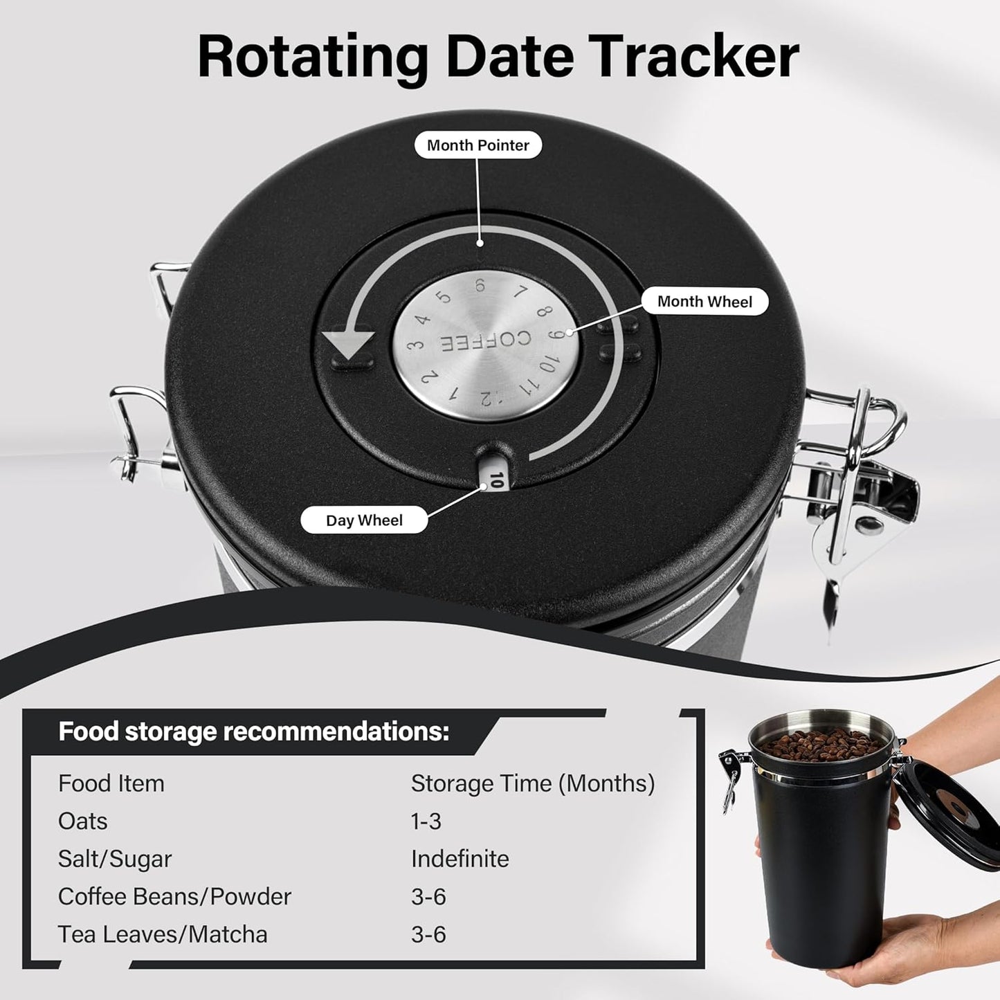 malmo Coffee Canister Set of 3, Airtight Coffee Container with Date Tracker Lid, Stainless Steel Canister for Kitchen Food Storage (Black, 180oz)