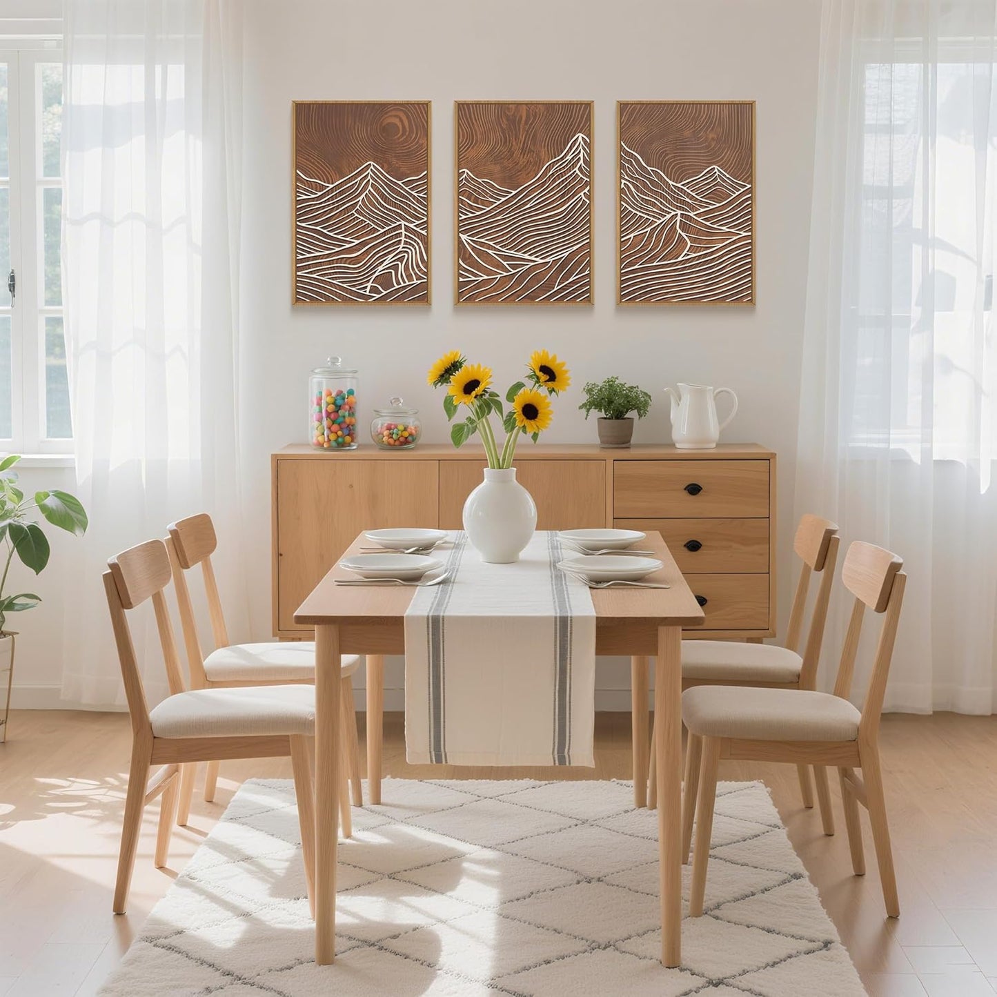 HPINUB Line Style Mountain Framed Canvas Wall Art Set, Vintage Tree Rings Wall Decor, Abstract Tree Spiral Wall Painting, Modern Nature Art Prints for Living Room,Bedroom,Farmhouse-24 x36 x3