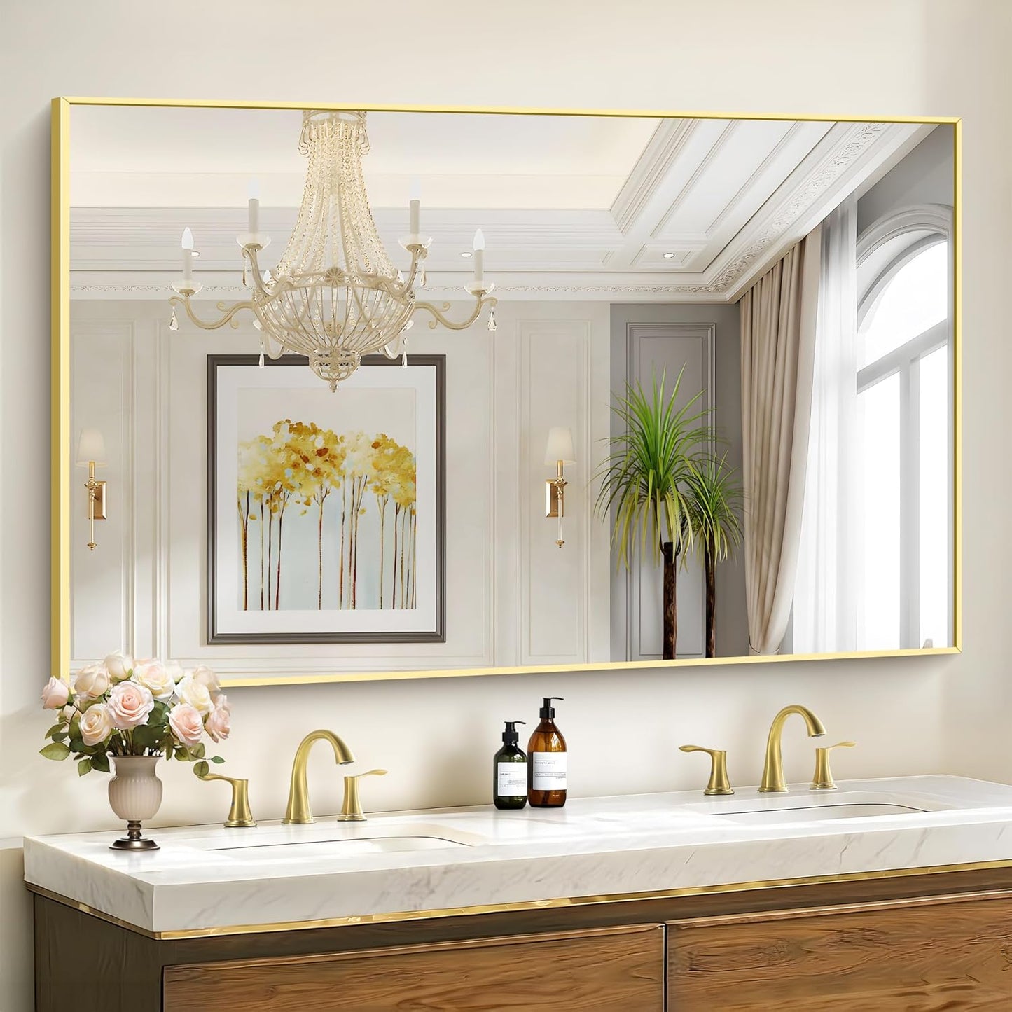 40x60inch Gold Bathroom Mirror, Gold Rectangle Mirror with Frame, Large Rectangular Wall Mirrors for Bathroom, Living Room, Hair Salon, Big Farmhouse Mirror Hang Horizontal/Vertical